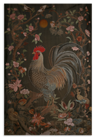 Houten wanddecoratie Rooster: haan tussen roze bloemen en groene bladeren.