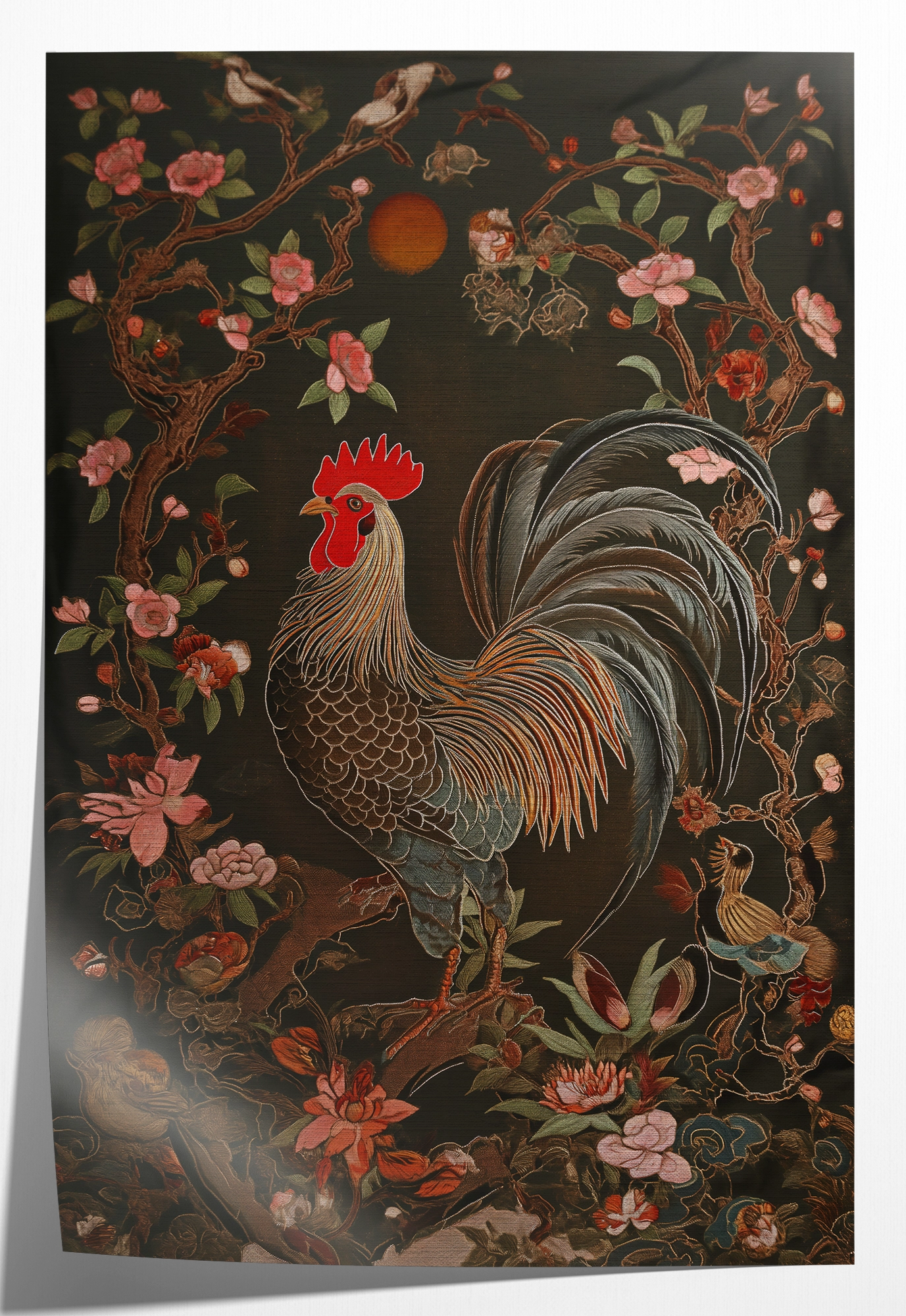 Papieren poster Rooster: haan tussen roze bloemen en groene bladeren.