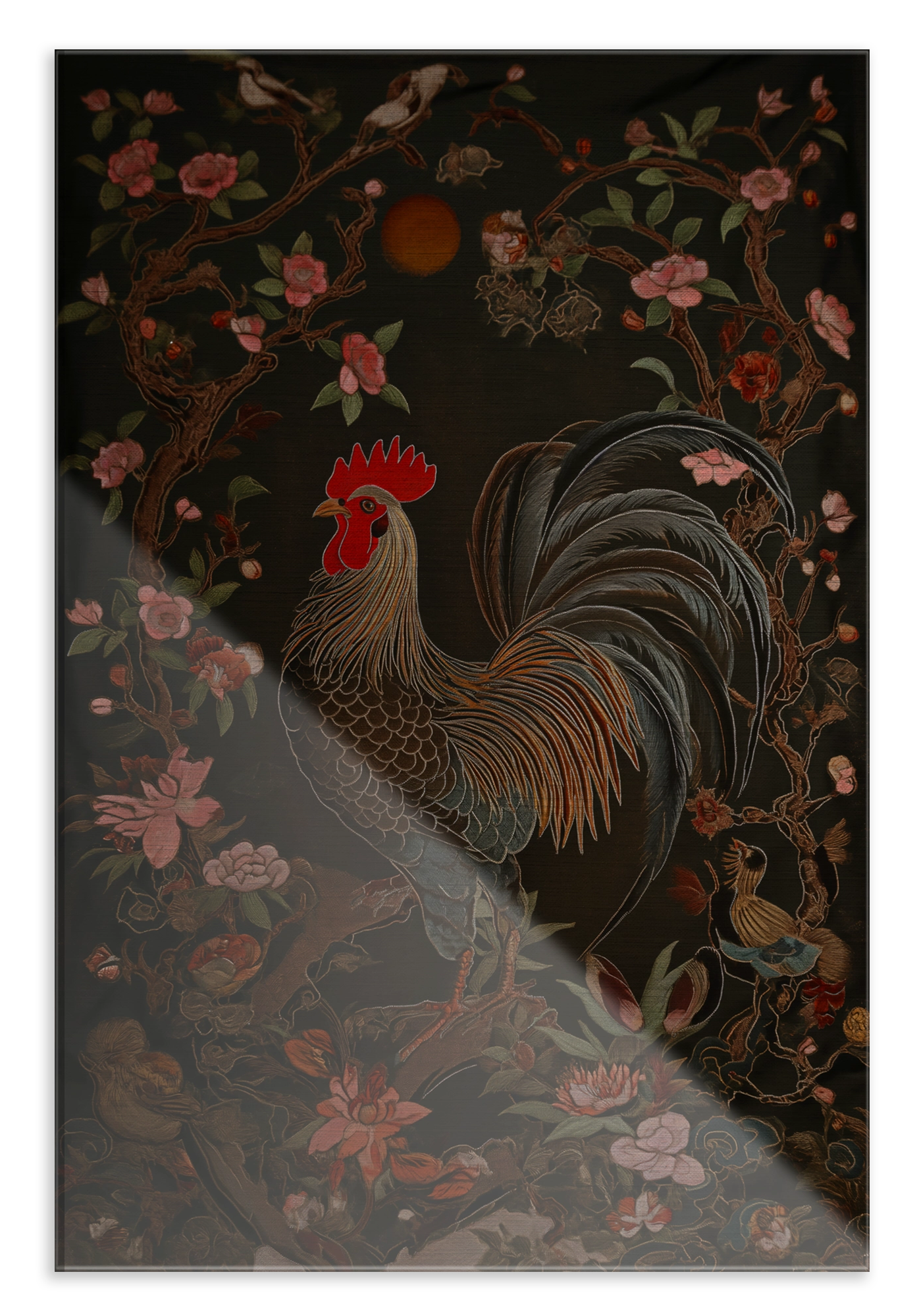 Plexiglas schilderij Rooster: haan tussen roze bloemen en groene bladeren.
