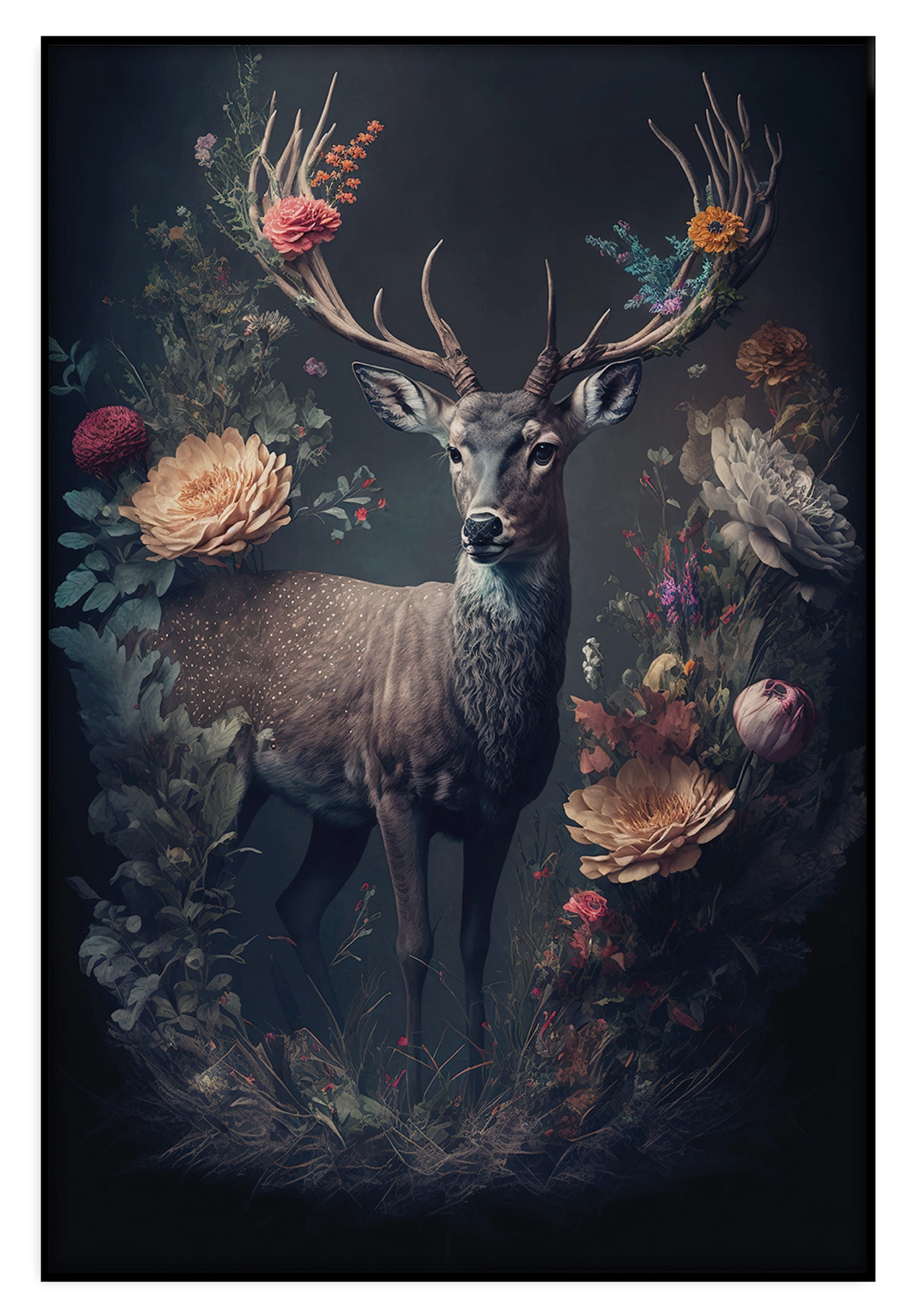 Artframe Hert: hert met gewei tussen bloemen tegen een donkere achtergrond.