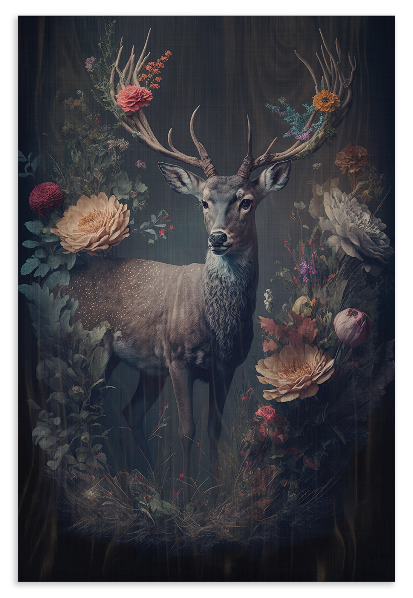 Houten wanddecoratie Hert: hert met gewei tussen bloemen tegen een donkere achtergrond.