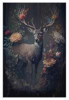Houten wanddecoratie Hert: hert met gewei tussen bloemen tegen een donkere achtergrond.