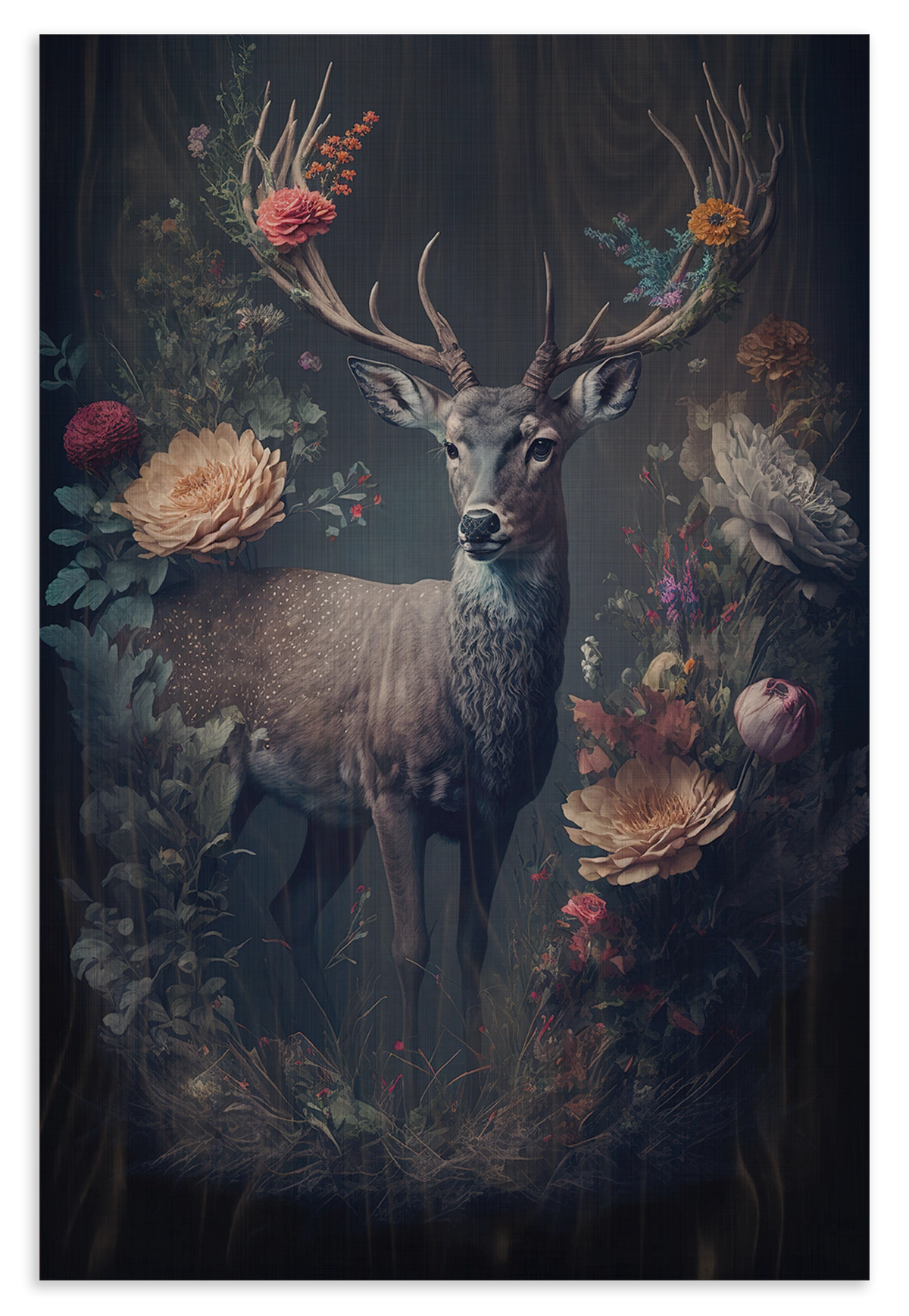 Houten wanddecoratie Hert: hert met gewei tussen bloemen tegen een donkere achtergrond.