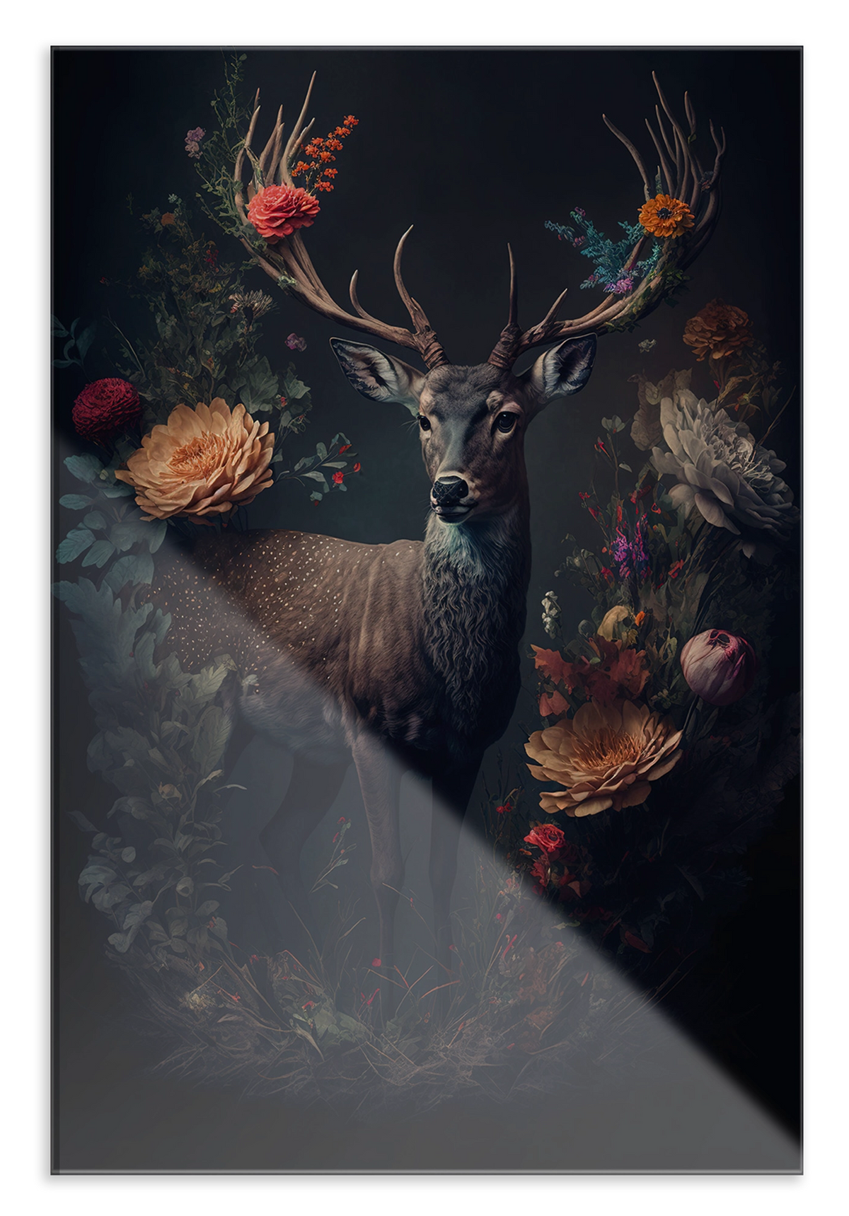 Plexiglas schilderij Hert: hert met gewei tussen bloemen tegen een donkere achtergrond.