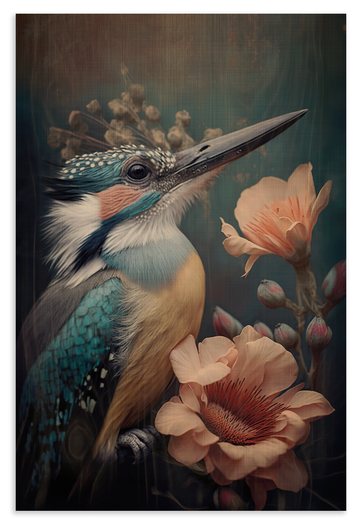Houten wanddecoratie Ijsvogel 2: blauw-oranje ijsvogel tussen roze bloemen.