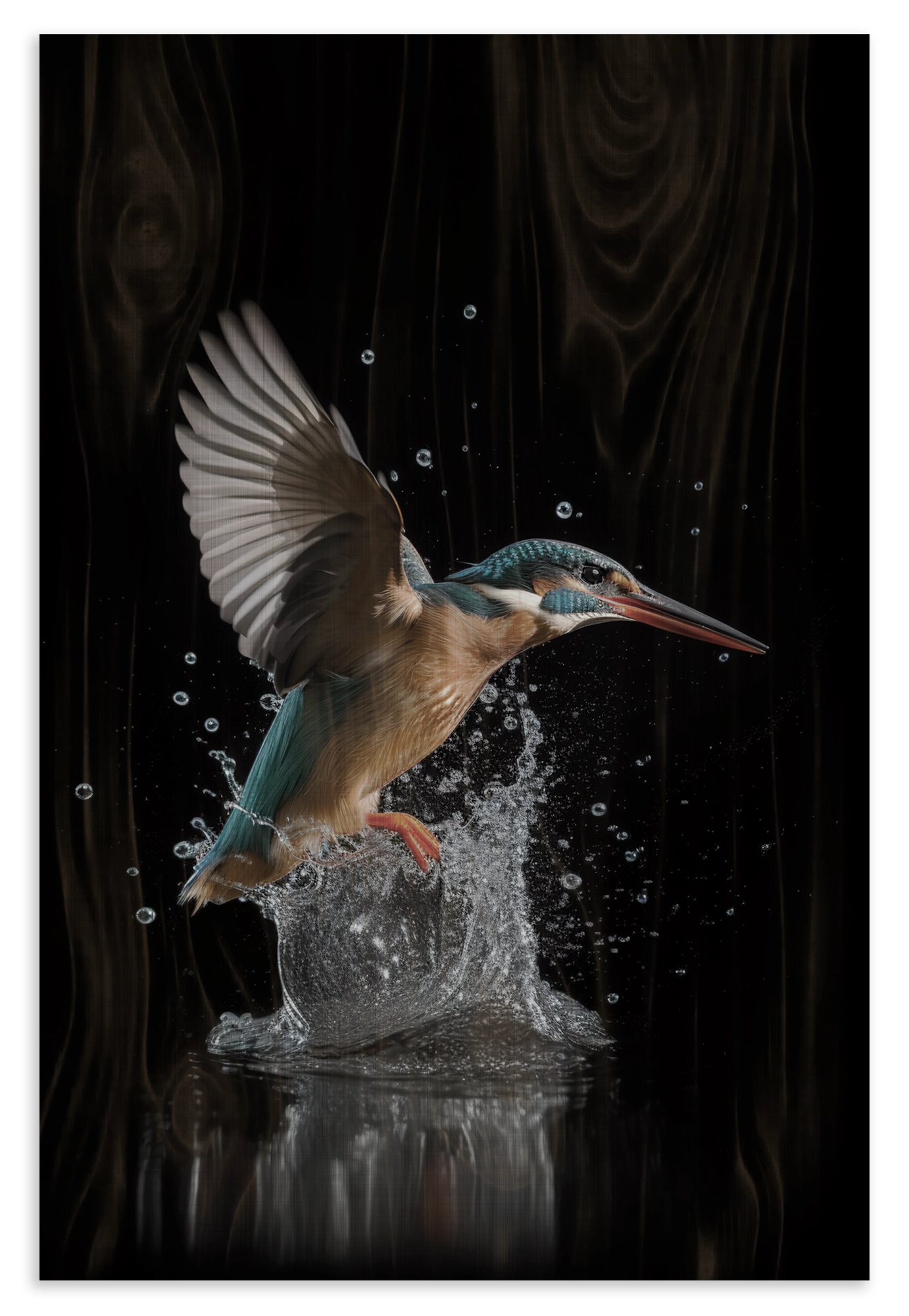 Houten wanddecoratie Ijsvogel 3: ijsvogel met gespreide vleugels boven opspattend water.