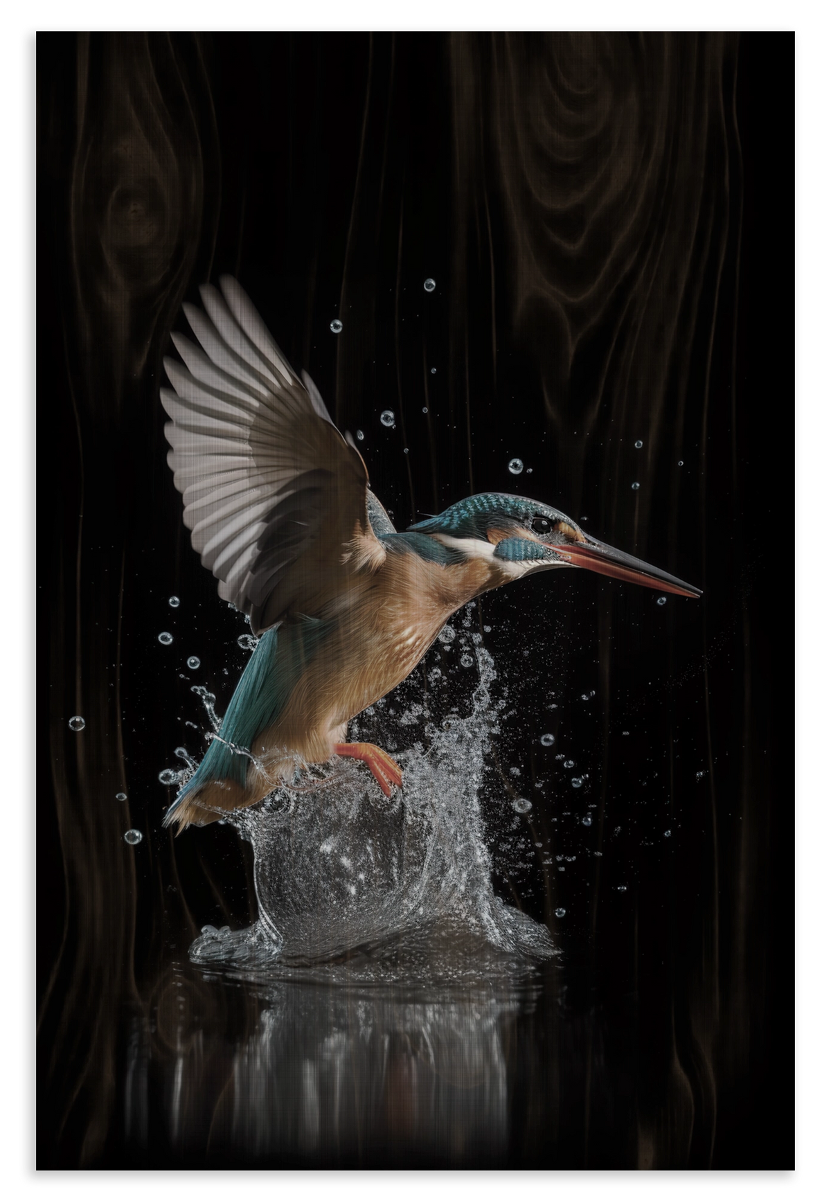 Houten wanddecoratie Ijsvogel 3: ijsvogel met gespreide vleugels boven opspattend water.