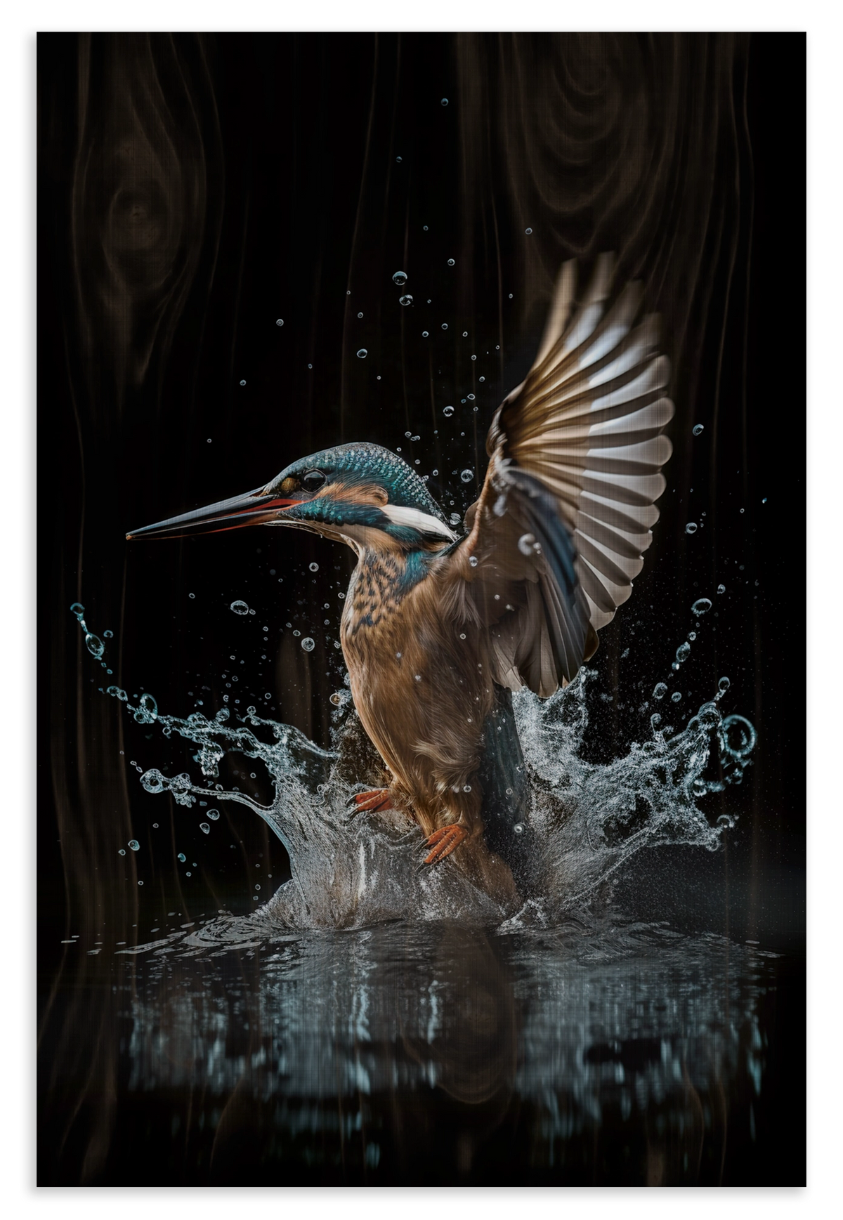 Houten wanddecoratie Ijsvogel 4: ijsvogel die uit het water opstijgt tegen een zwarte achtergrond.