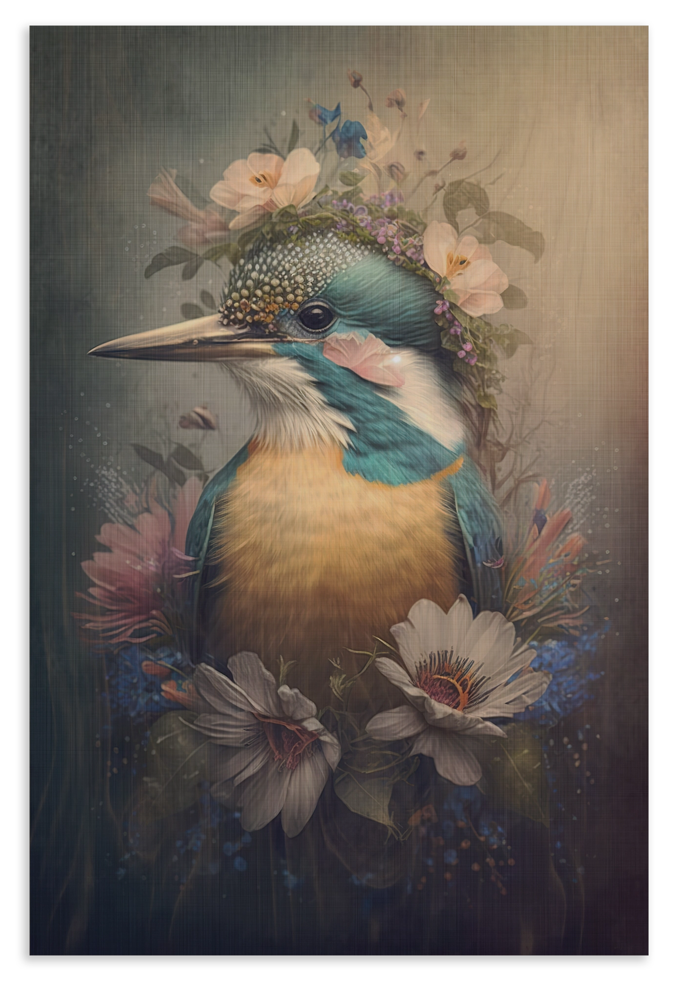 Houten wanddecoratie Ijsvogel 6: ijsvogel met bloemen op de kop en rond de borst.