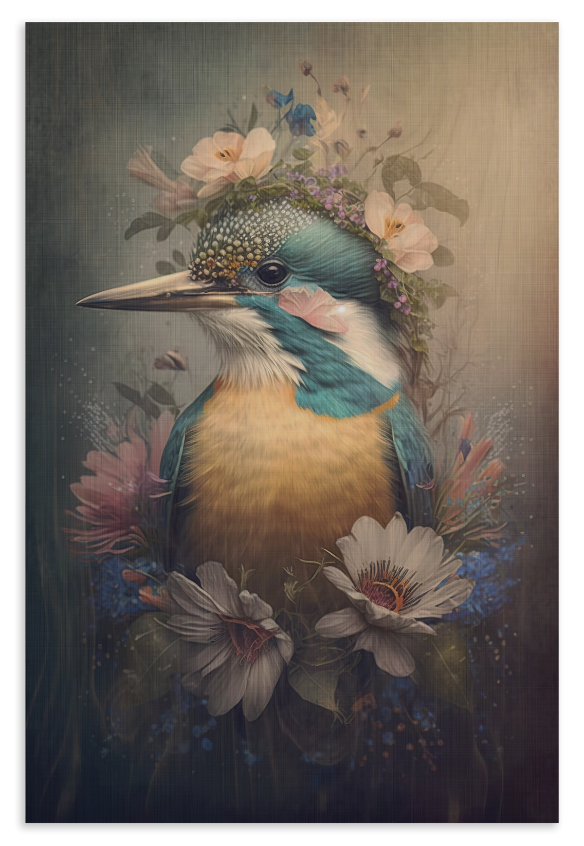 Houten wanddecoratie Ijsvogel 6: ijsvogel met bloemen op de kop en rond de borst.