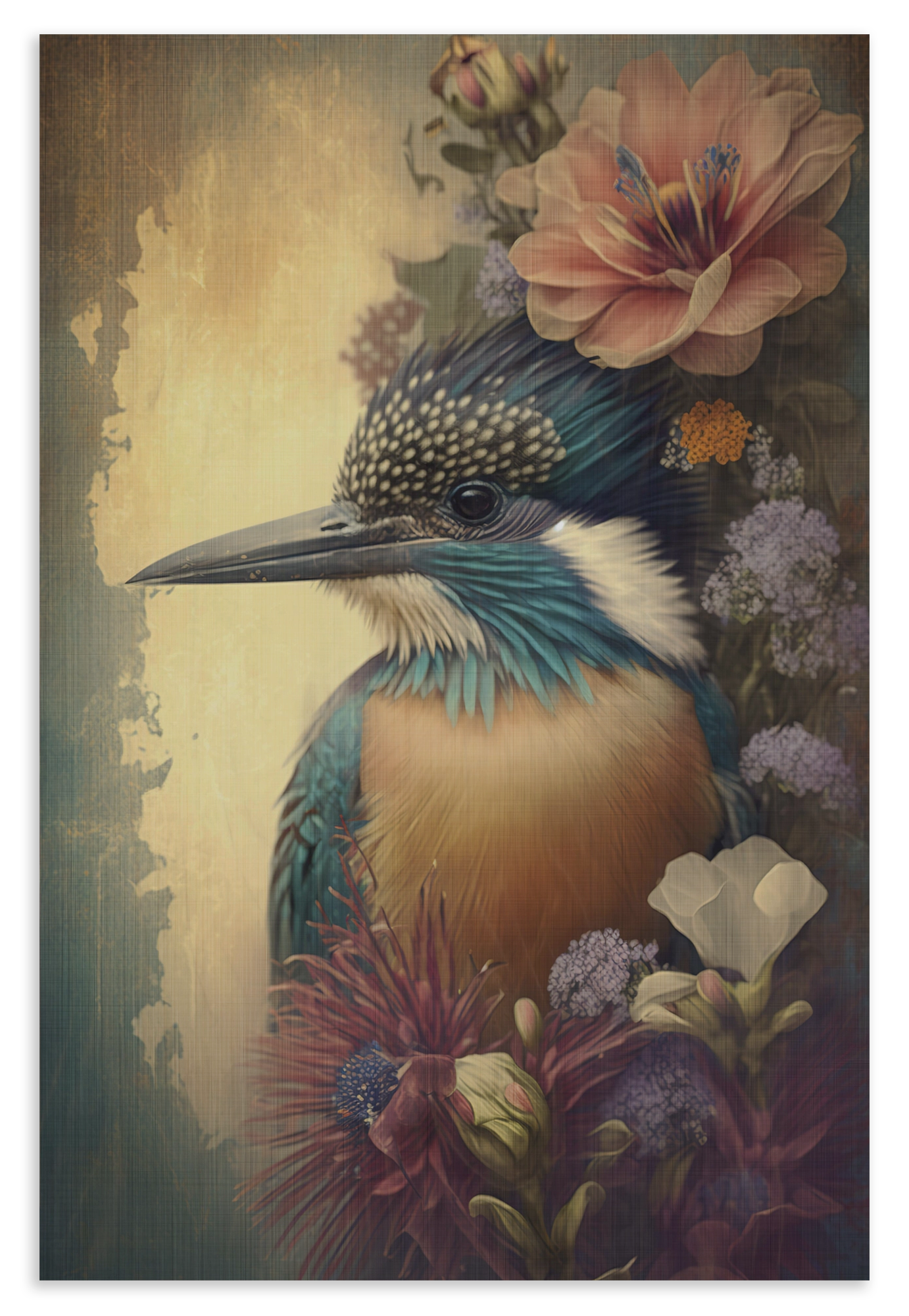 Houten wanddecoratie Ijsvogel: ijsvogel tussen bloemen in zachte blauwe en gele tinten.
