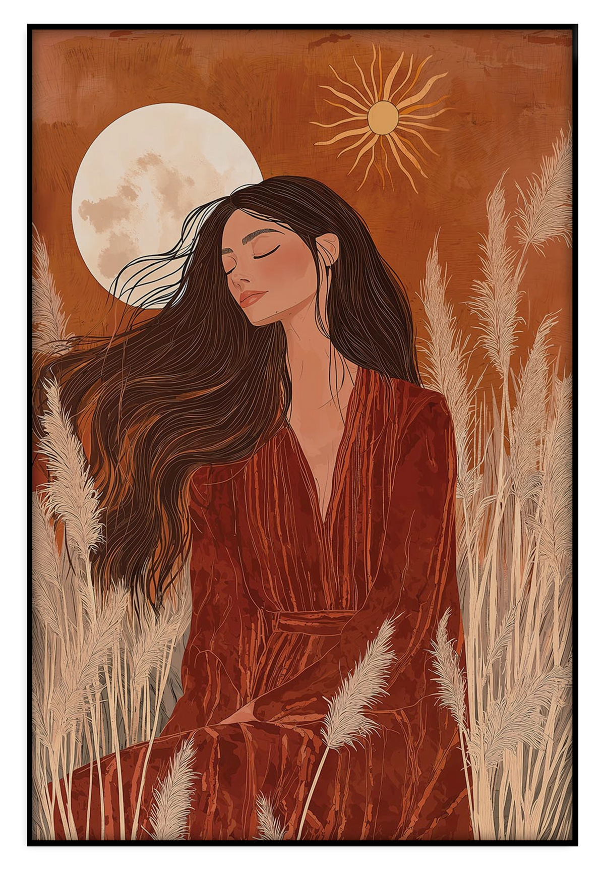 Artframe Ines: vrouw in roestrode jurk tussen grassen met zon en maan.