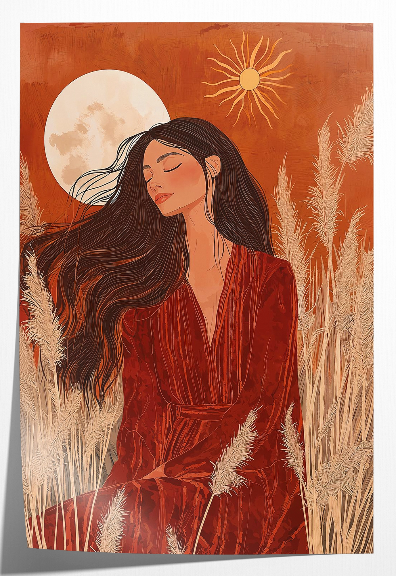 Papieren poster Ines: vrouw in roestrode jurk tussen grassen met zon en maan.