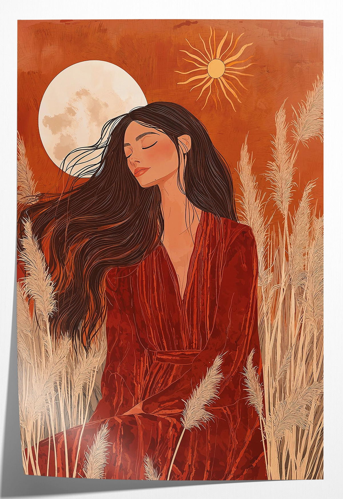 Papieren poster Ines: vrouw in roestrode jurk tussen grassen met zon en maan.