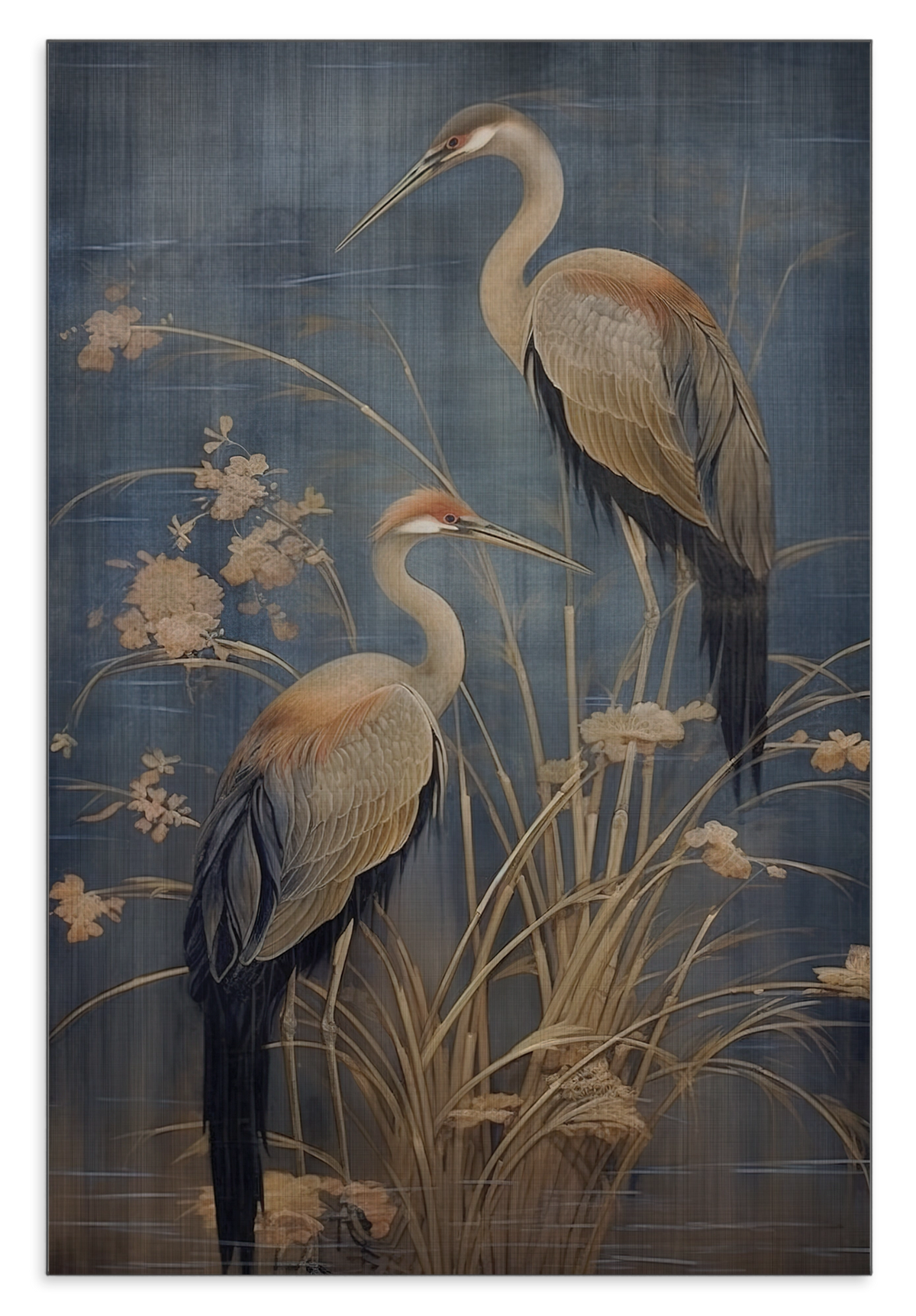 Aluminium Dibond schilderij Japanse kraanvogels 3: twee langbenige vogels tussen planten tegen een blauwe achtergrond.
