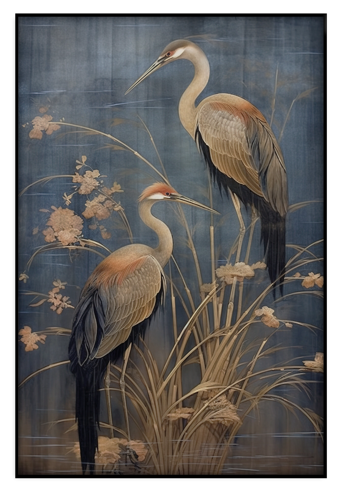 Artframe Japanse kraanvogels 3: twee langbenige vogels tussen planten tegen een blauwe achtergrond.