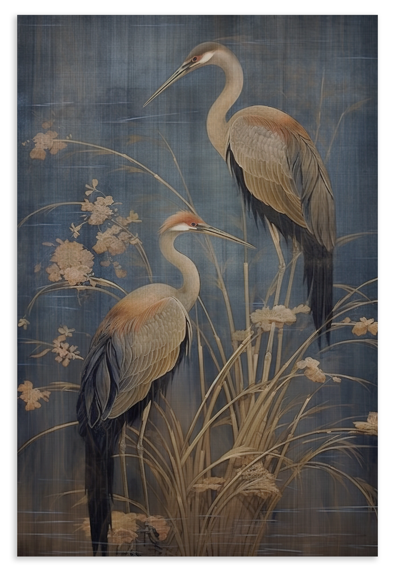 Houten wanddecoratie Japanse kraanvogels 3: twee langbenige vogels tussen planten tegen een blauwe achtergrond.