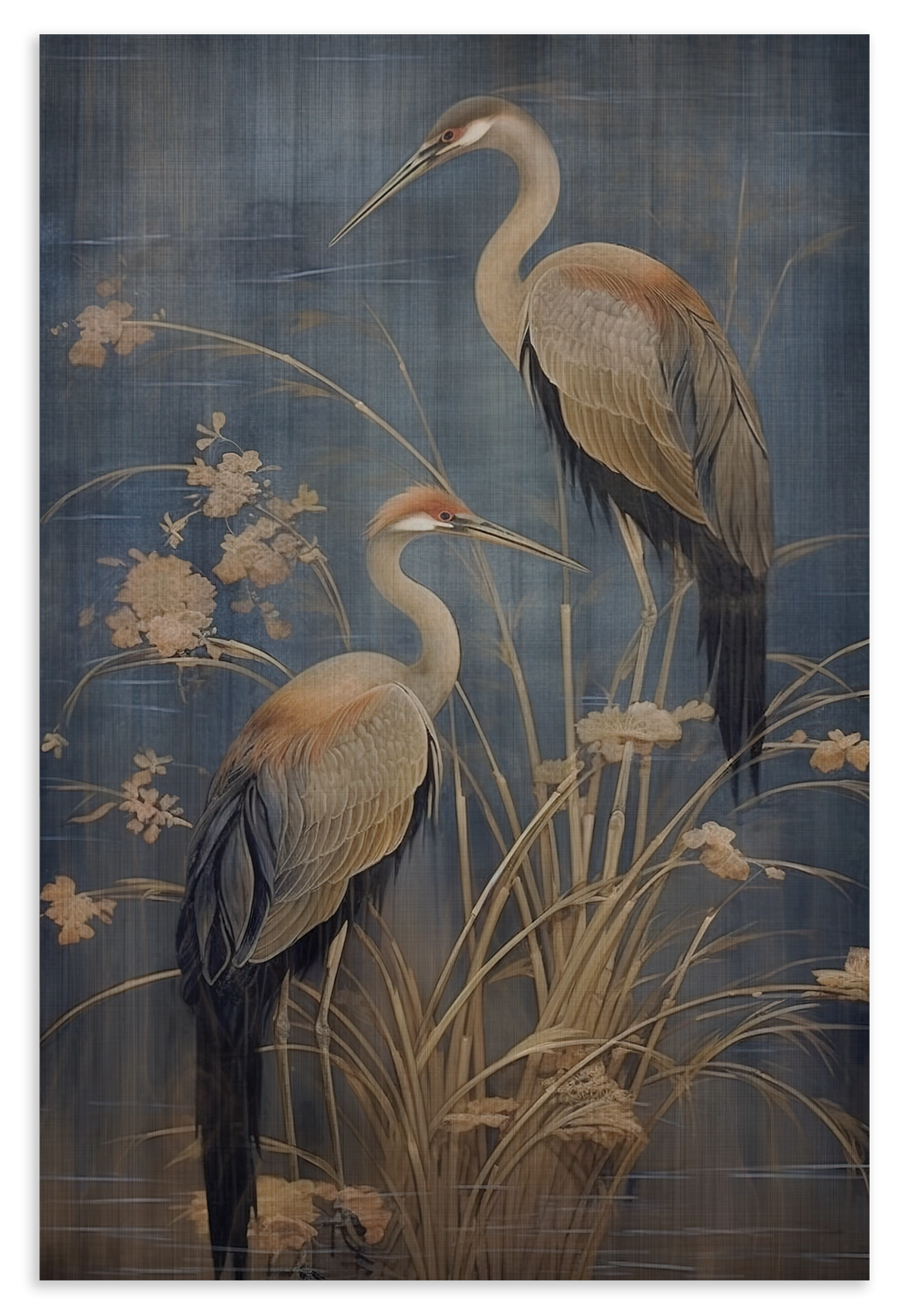 Houten wanddecoratie Japanse kraanvogels 3: twee langbenige vogels tussen planten tegen een blauwe achtergrond.