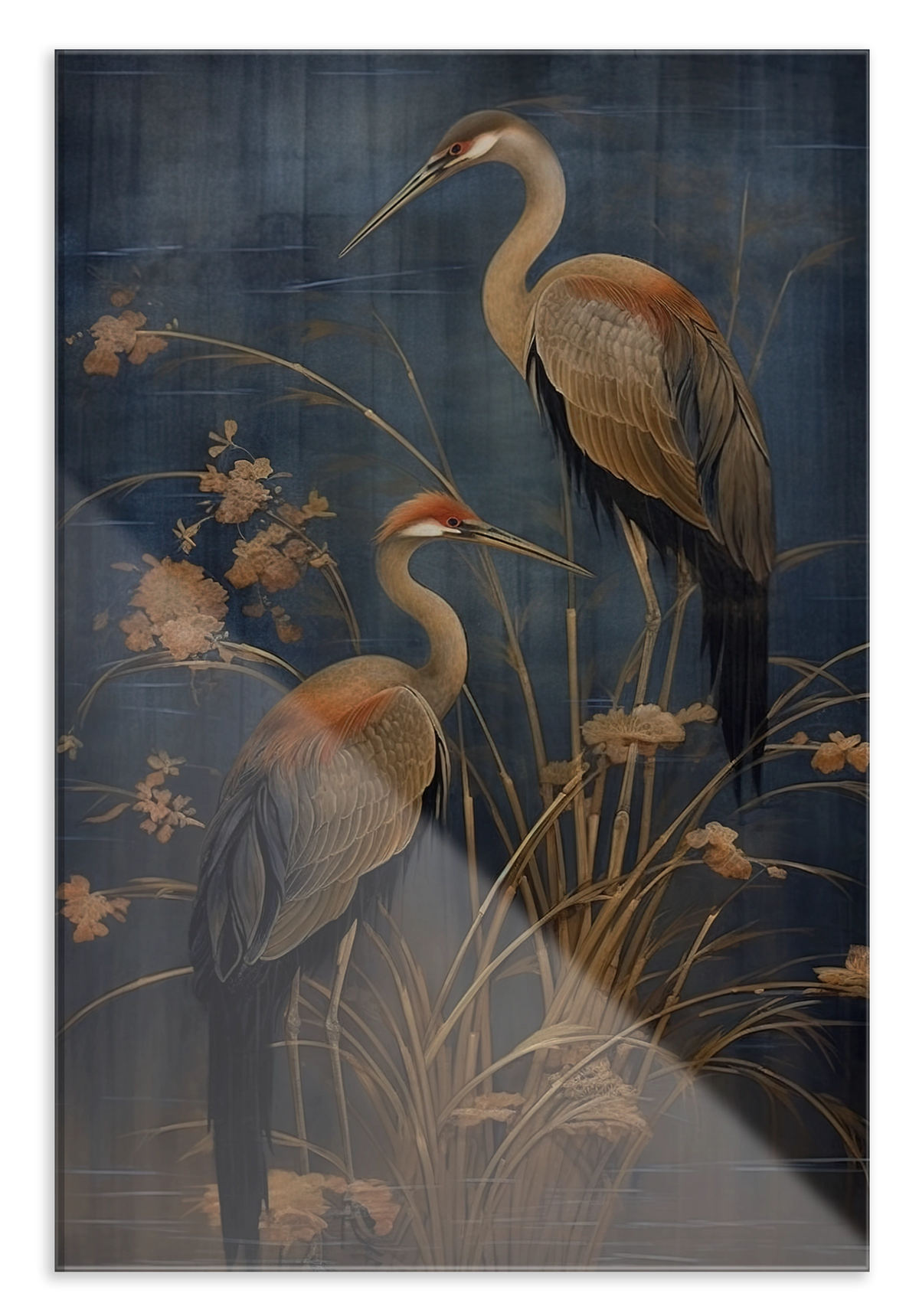 Plexiglas schilderij Japanse kraanvogels 3: twee langbenige vogels tussen planten tegen een blauwe achtergrond.