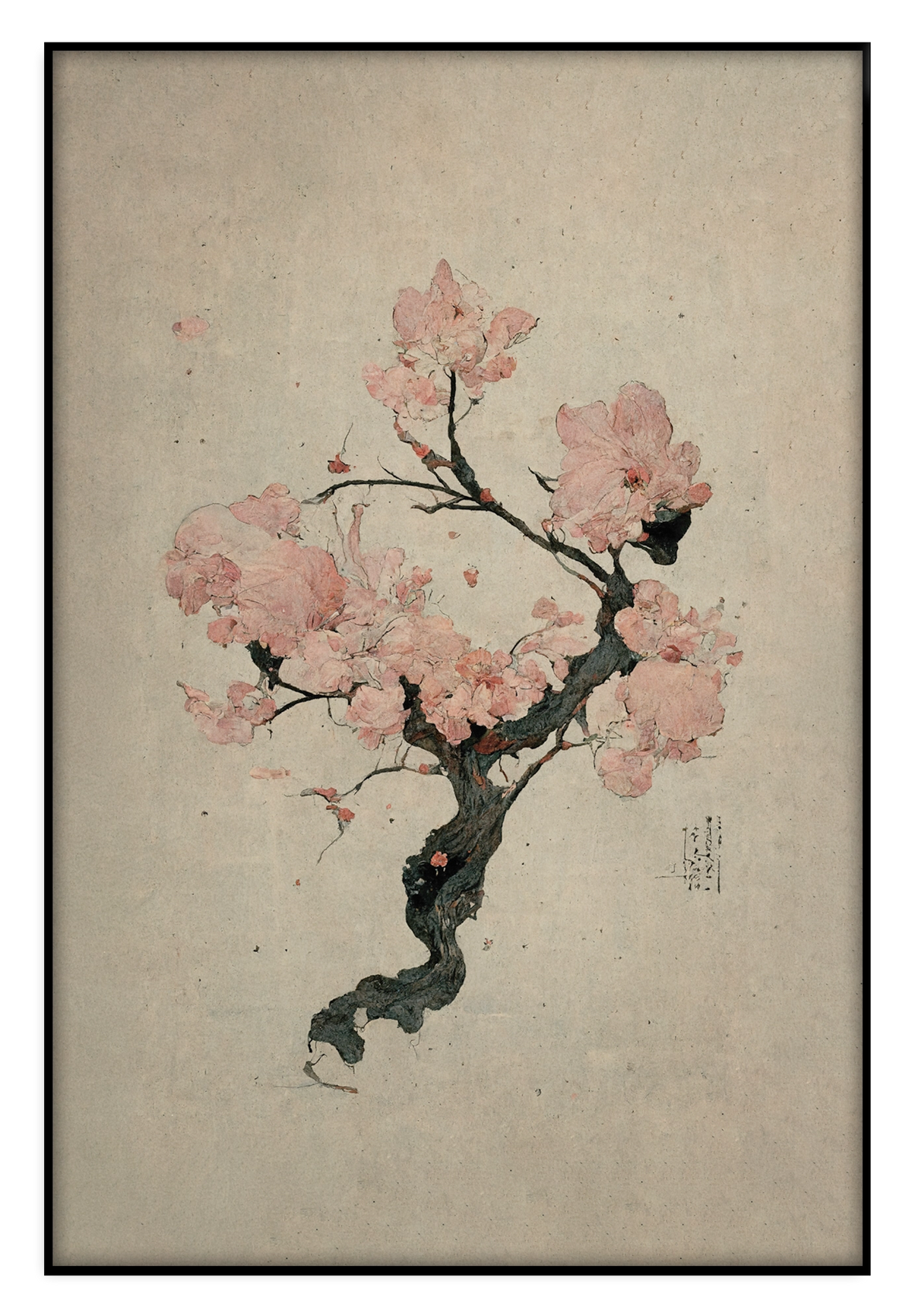 Akoestisch paneel Japanse kersenbloesem: roze kersenbloesem aan een donkere tak op beige achtergrond.