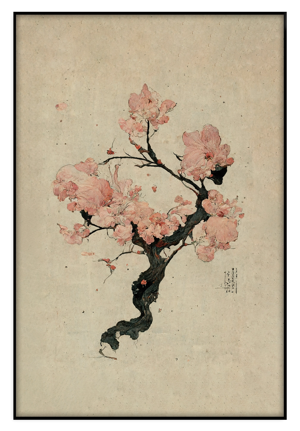 Artframe Japanse kersenbloesem: roze kersenbloesem aan een donkere tak op beige achtergrond.