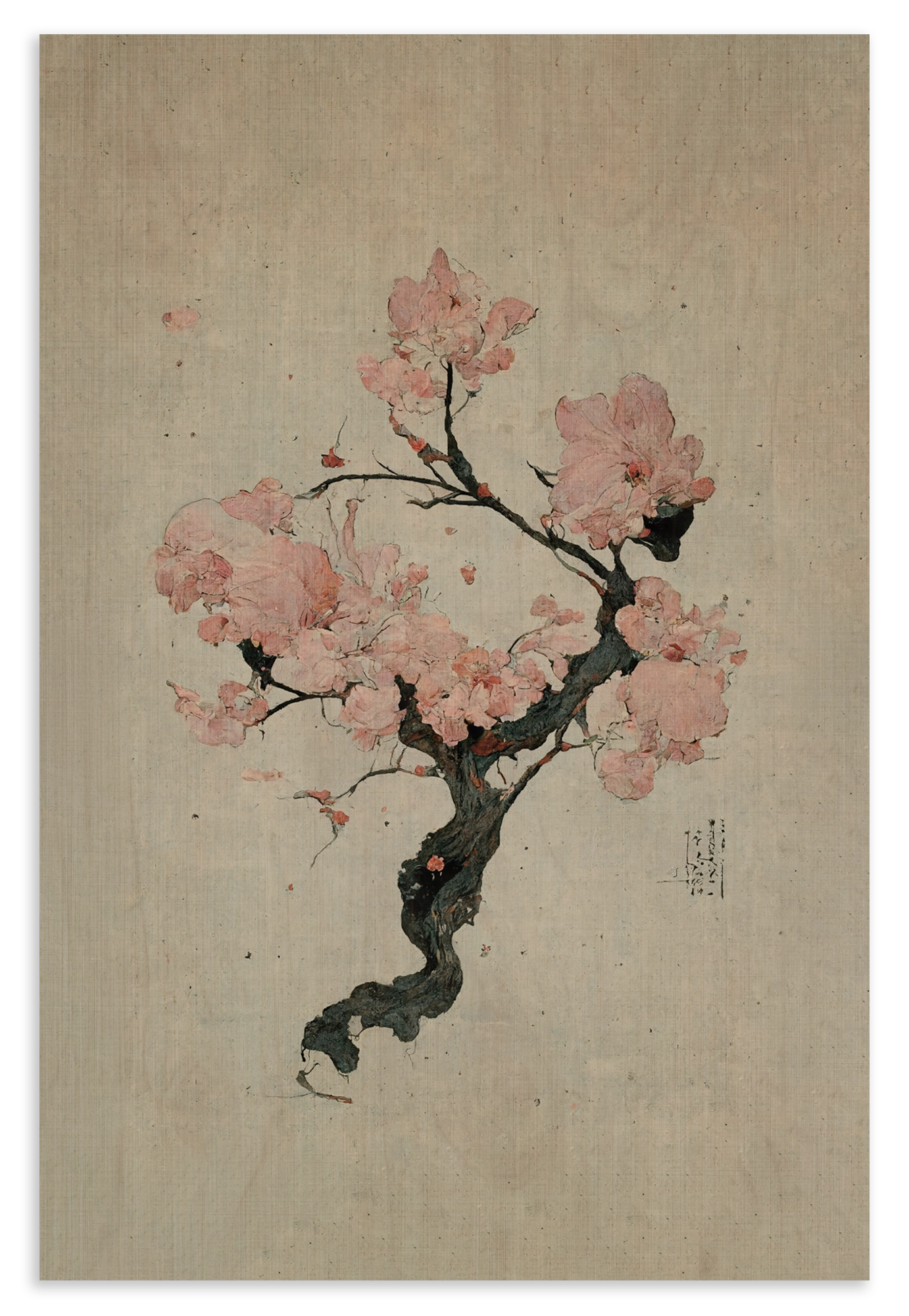 Houten wanddecoratie Japanse kersenbloesem: roze kersenbloesem aan een donkere tak op beige achtergrond.