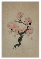 Houten wanddecoratie Japanse kersenbloesem: roze kersenbloesem aan een donkere tak op beige achtergrond.