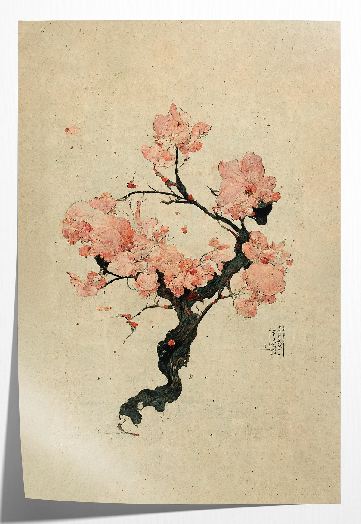 Papieren poster Japanse kersenbloesem: roze kersenbloesem aan een donkere tak op beige achtergrond.