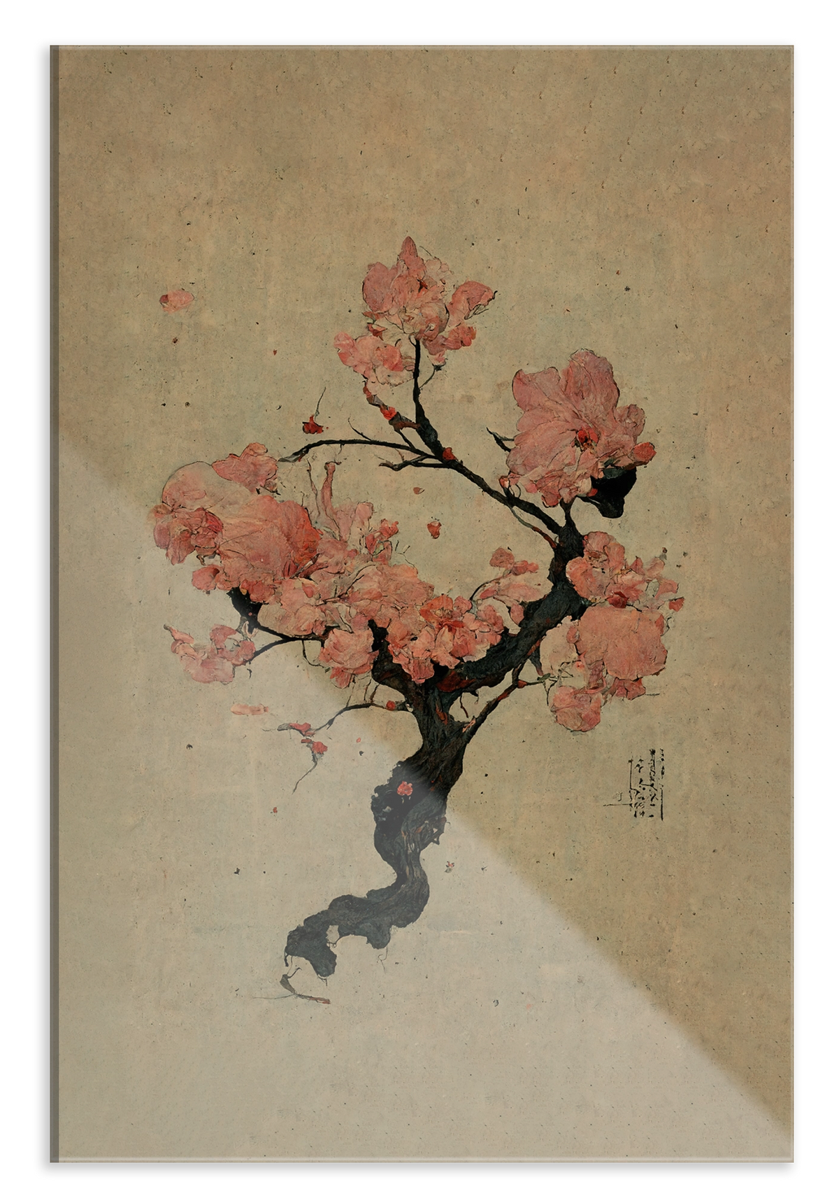 Plexiglas schilderij Japanse kersenbloesem: roze kersenbloesem aan een donkere tak op beige achtergrond.