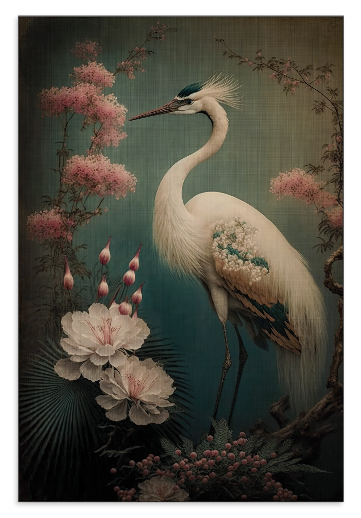 Aluminium Dibond schilderij Japanse kraanvogel 2: witte kraanvogel tussen bloemen tegen een donkergroene achtergrond.