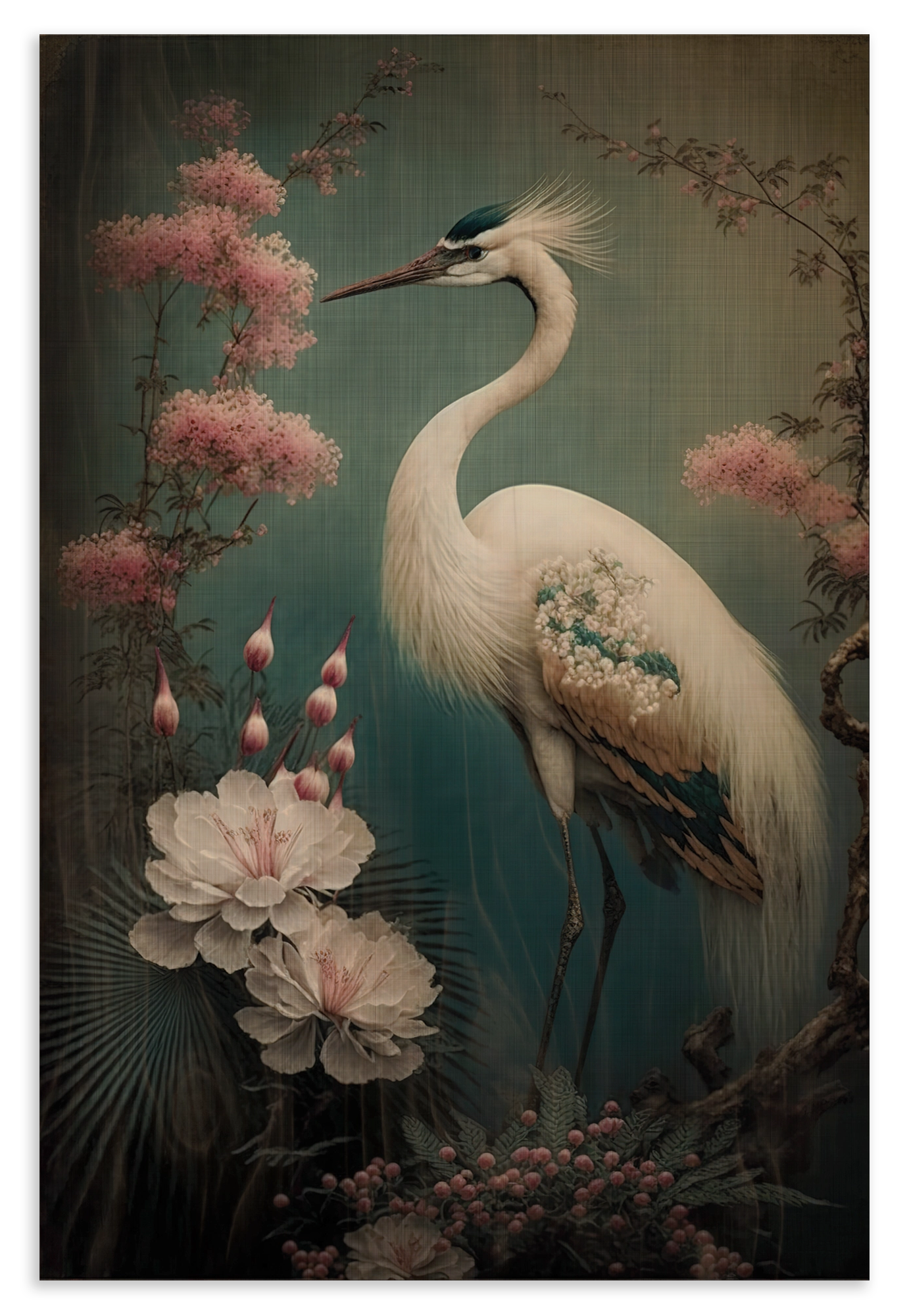Houten wanddecoratie Japanse kraanvogel 2: witte kraanvogel tussen bloemen tegen een donkergroene achtergrond.