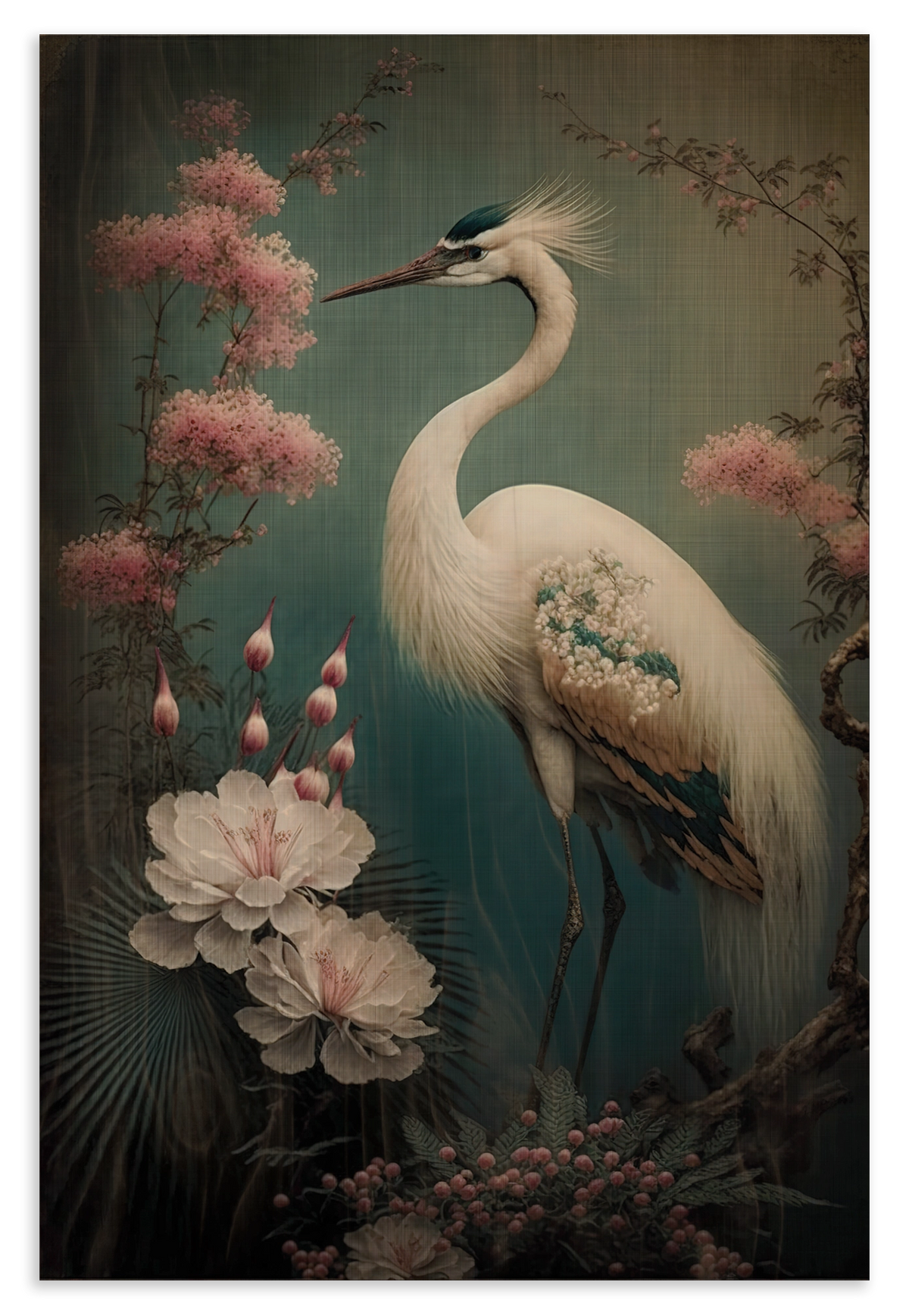 Houten wanddecoratie Japanse kraanvogel 2: witte kraanvogel tussen bloemen tegen een donkergroene achtergrond.
