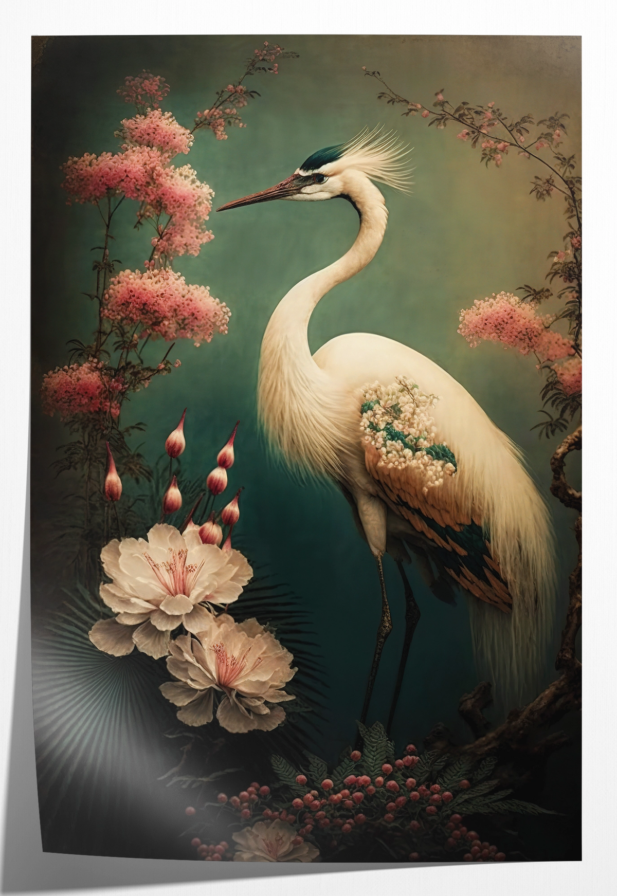 Papieren poster Japanse kraanvogel 2: witte kraanvogel tussen bloemen tegen een donkergroene achtergrond.