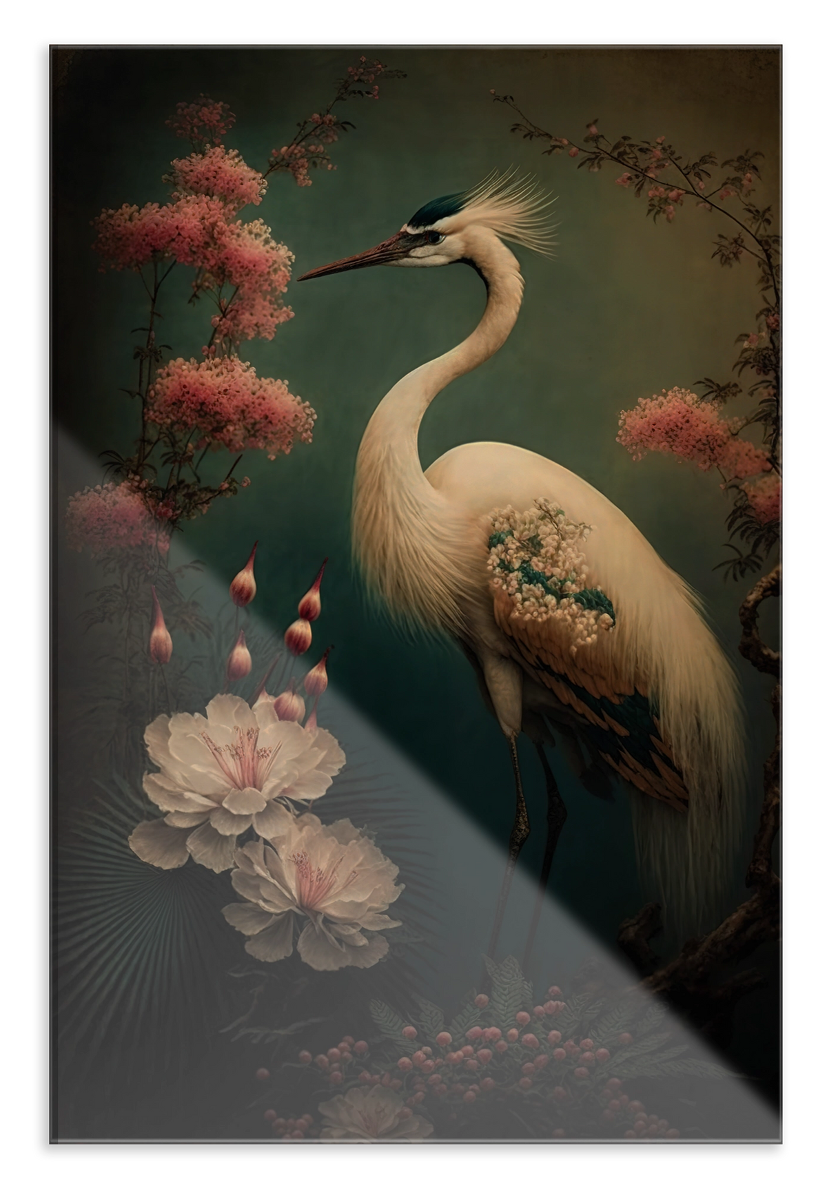 Plexiglas schilderij Japanse kraanvogel 2: witte kraanvogel tussen bloemen tegen een donkergroene achtergrond.