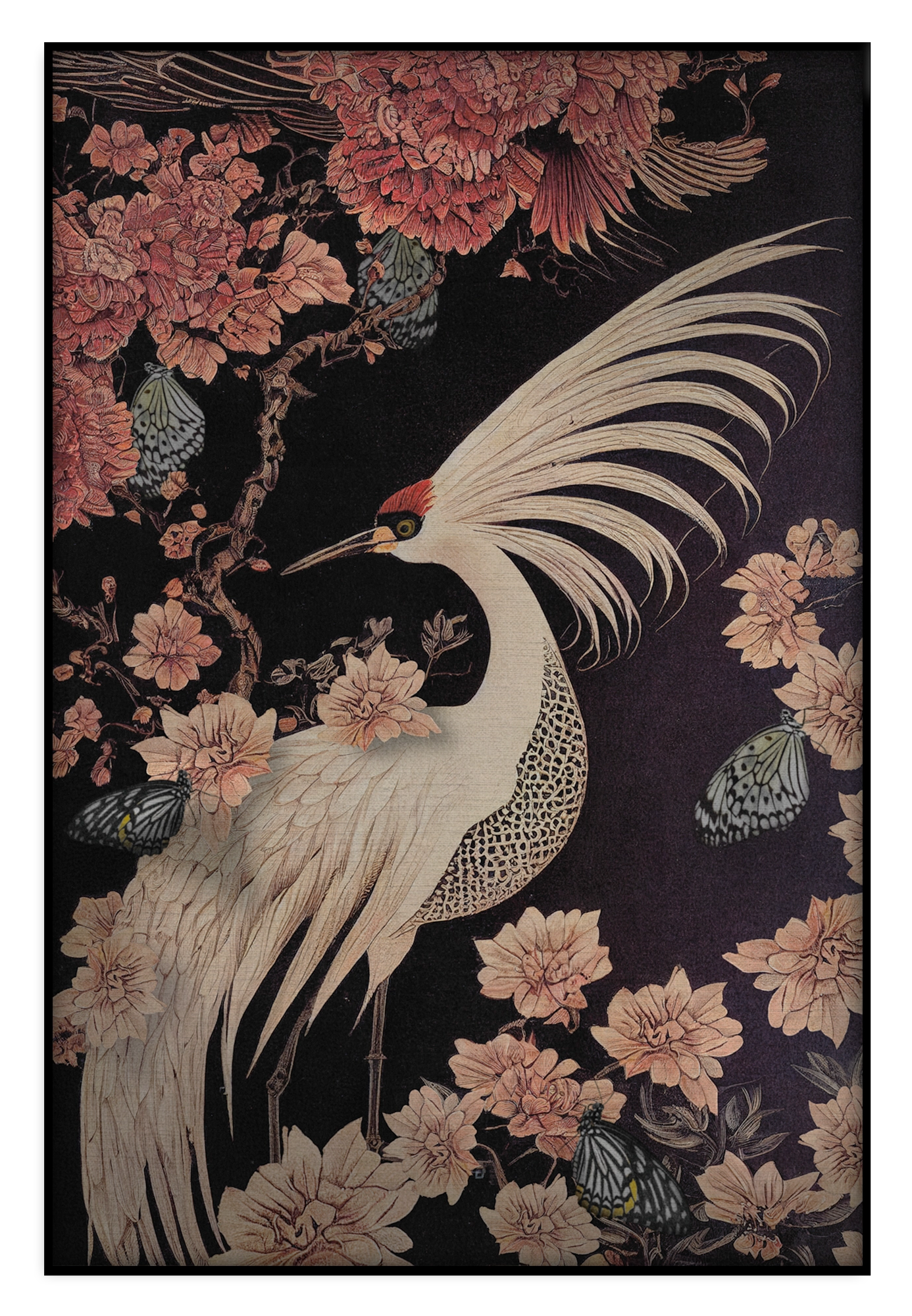 Akoestisch paneel Japanse kraanvogel: witte kraanvogel met gespreide vleugel tussen roze bloemen.