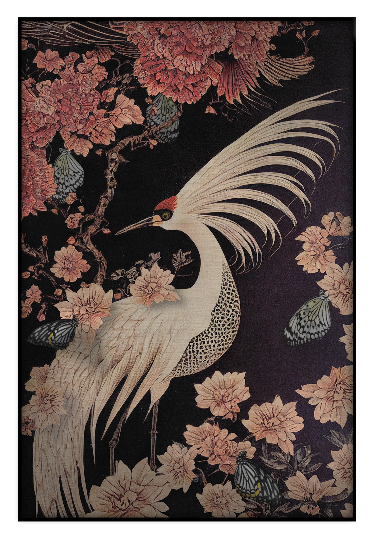 Akoestisch paneel Japanse kraanvogel: witte kraanvogel met gespreide vleugel tussen roze bloemen.