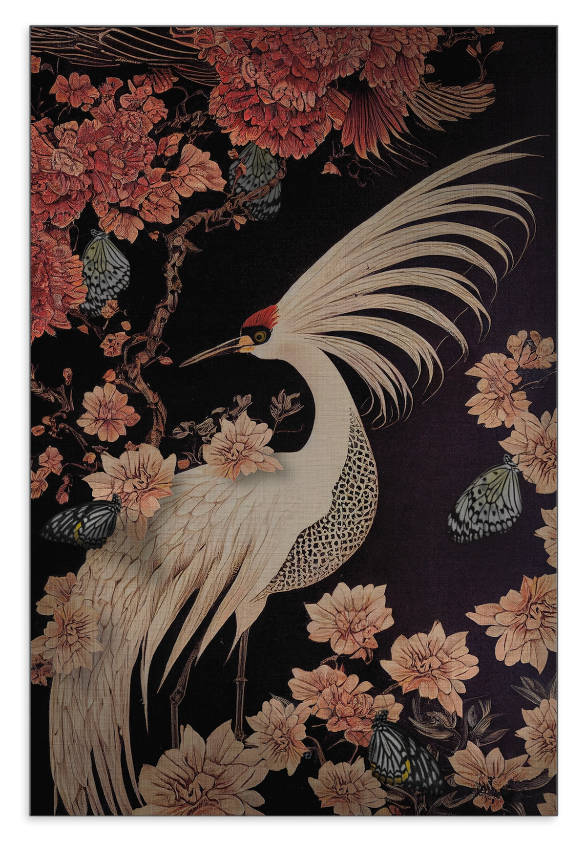 Aluminium Dibond schilderij Japanse kraanvogel: witte kraanvogel met gespreide vleugel tussen roze bloemen.
