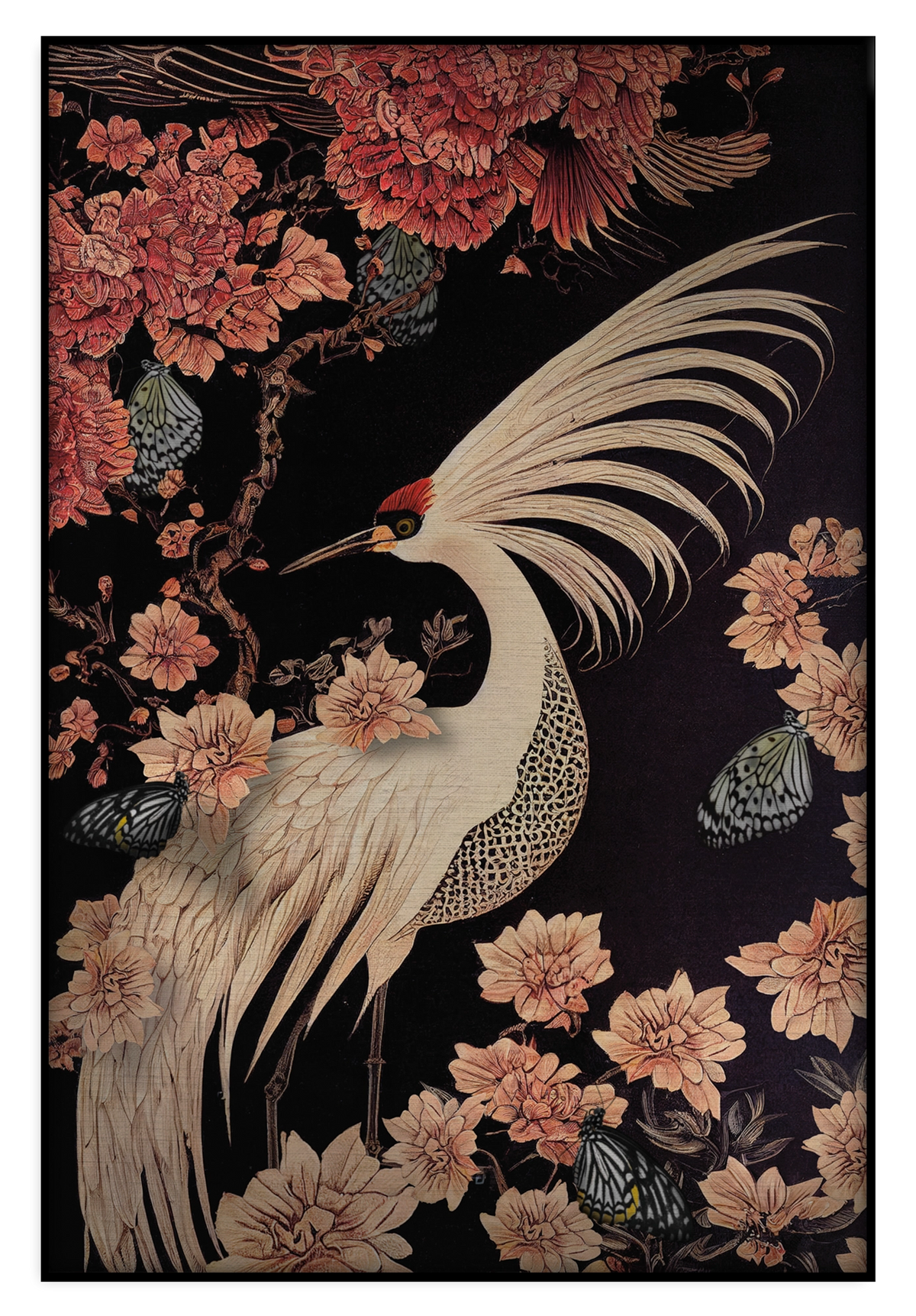 Artframe Japanse kraanvogel: witte kraanvogel met gespreide vleugel tussen roze bloemen.