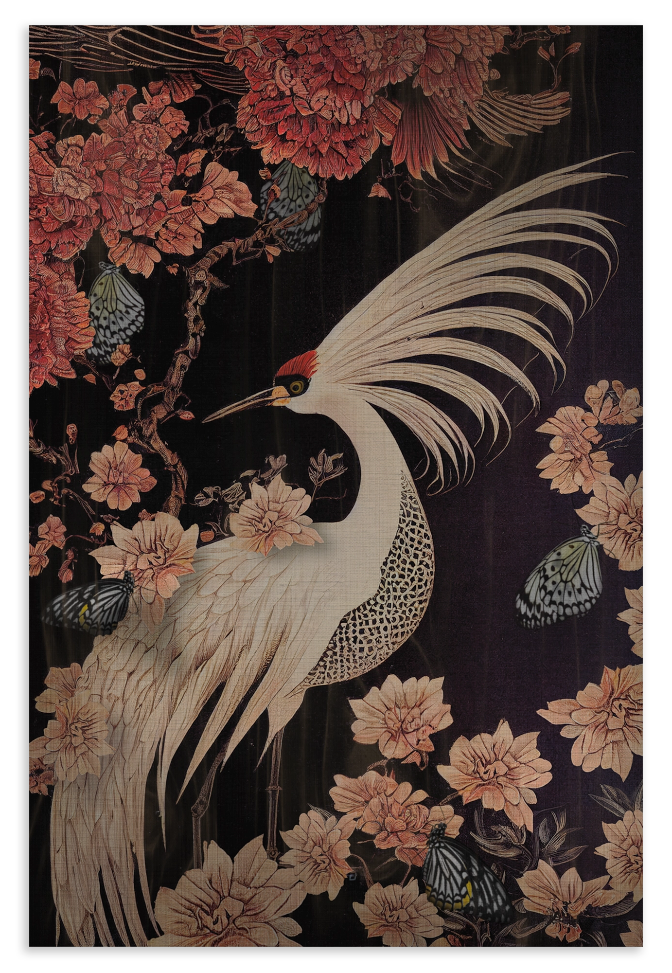 Houten wanddecoratie Japanse kraanvogel: witte kraanvogel met gespreide vleugel tussen roze bloemen.
