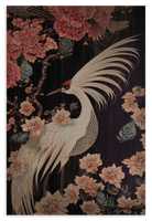 Houten wanddecoratie Japanse kraanvogel: witte kraanvogel met gespreide vleugel tussen roze bloemen.