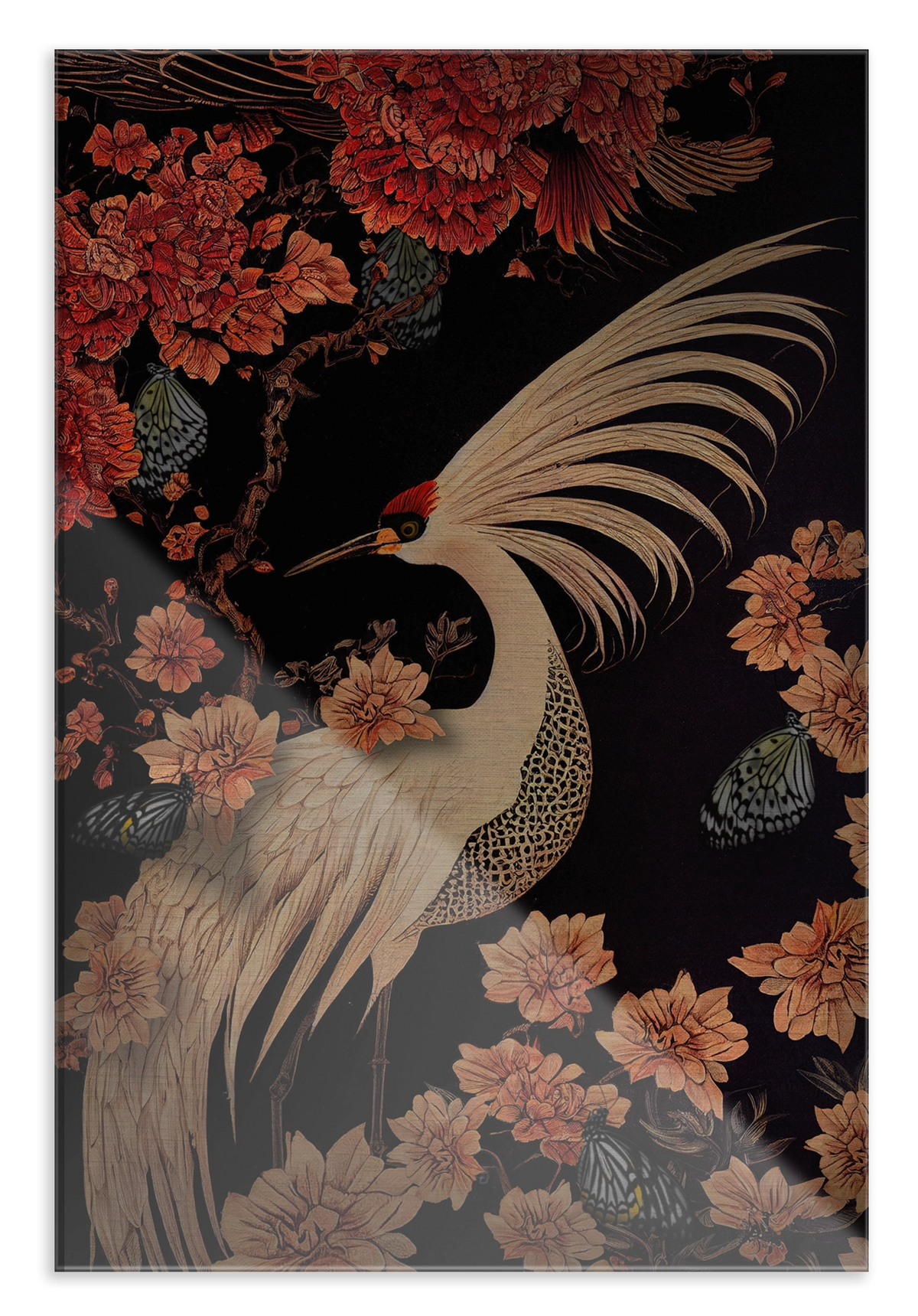 Plexiglas schilderij Japanse kraanvogel: witte kraanvogel met gespreide vleugel tussen roze bloemen.