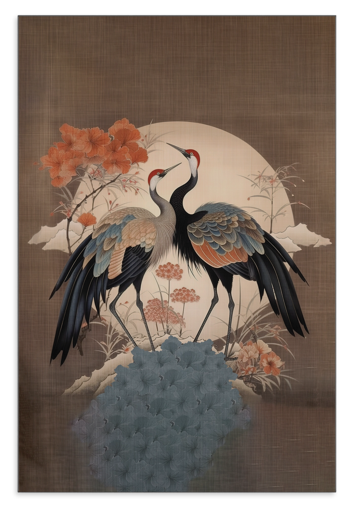 Aluminium Dibond schilderij Japanse kraanvogels 2: twee kraanvogels met bloemen voor een lichte ronde maan.