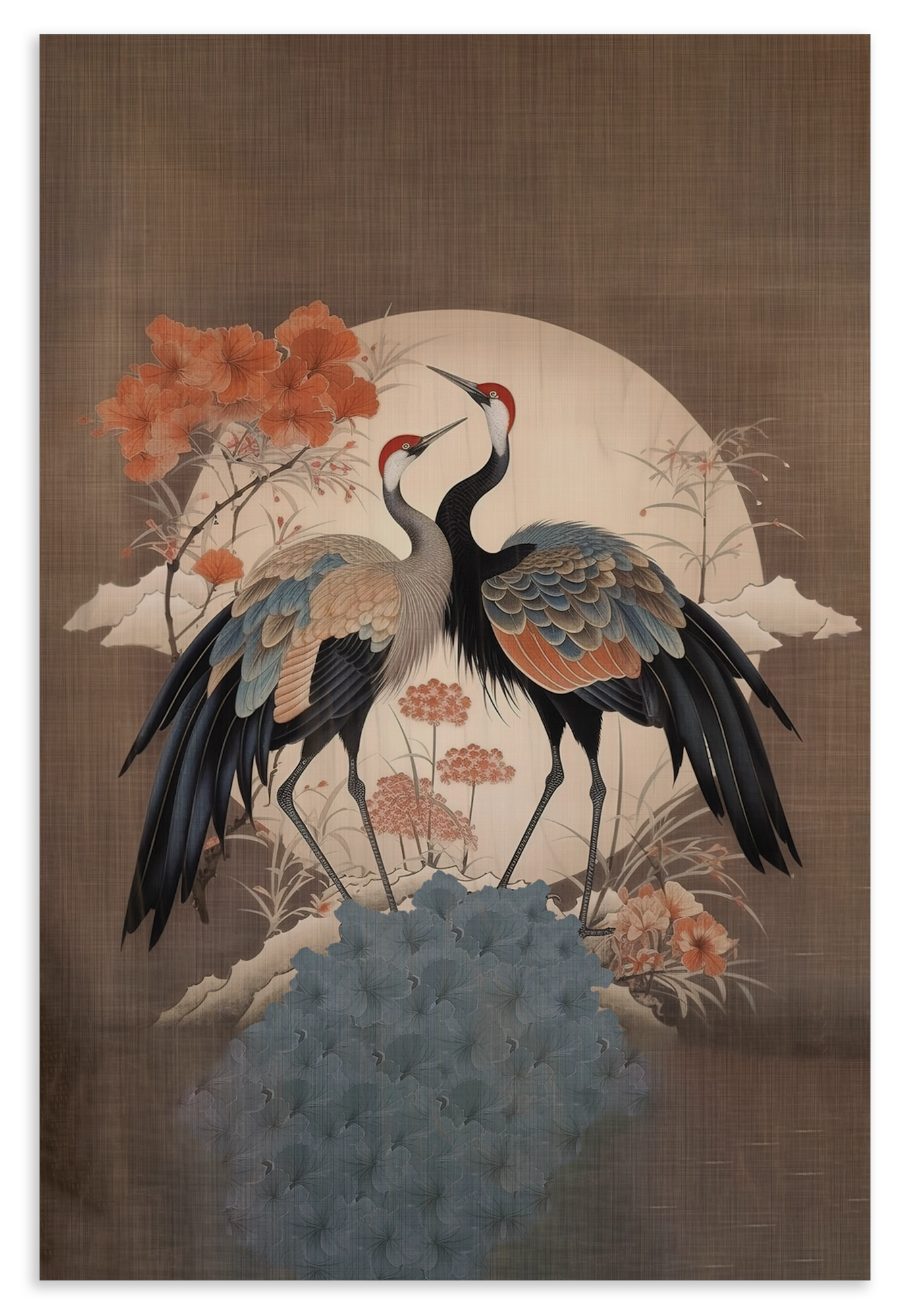 Houten wanddecoratie Japanse kraanvogels 2: twee kraanvogels met bloemen voor een lichte ronde maan.