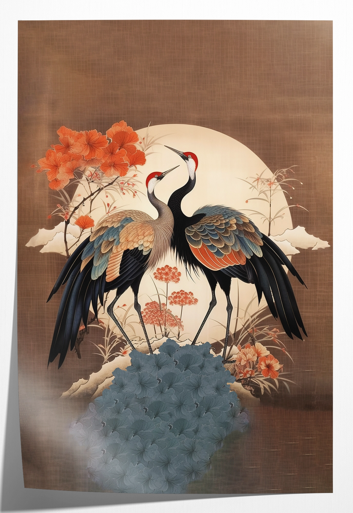 Papieren poster Japanse kraanvogels 2: twee kraanvogels met bloemen voor een lichte ronde maan.
