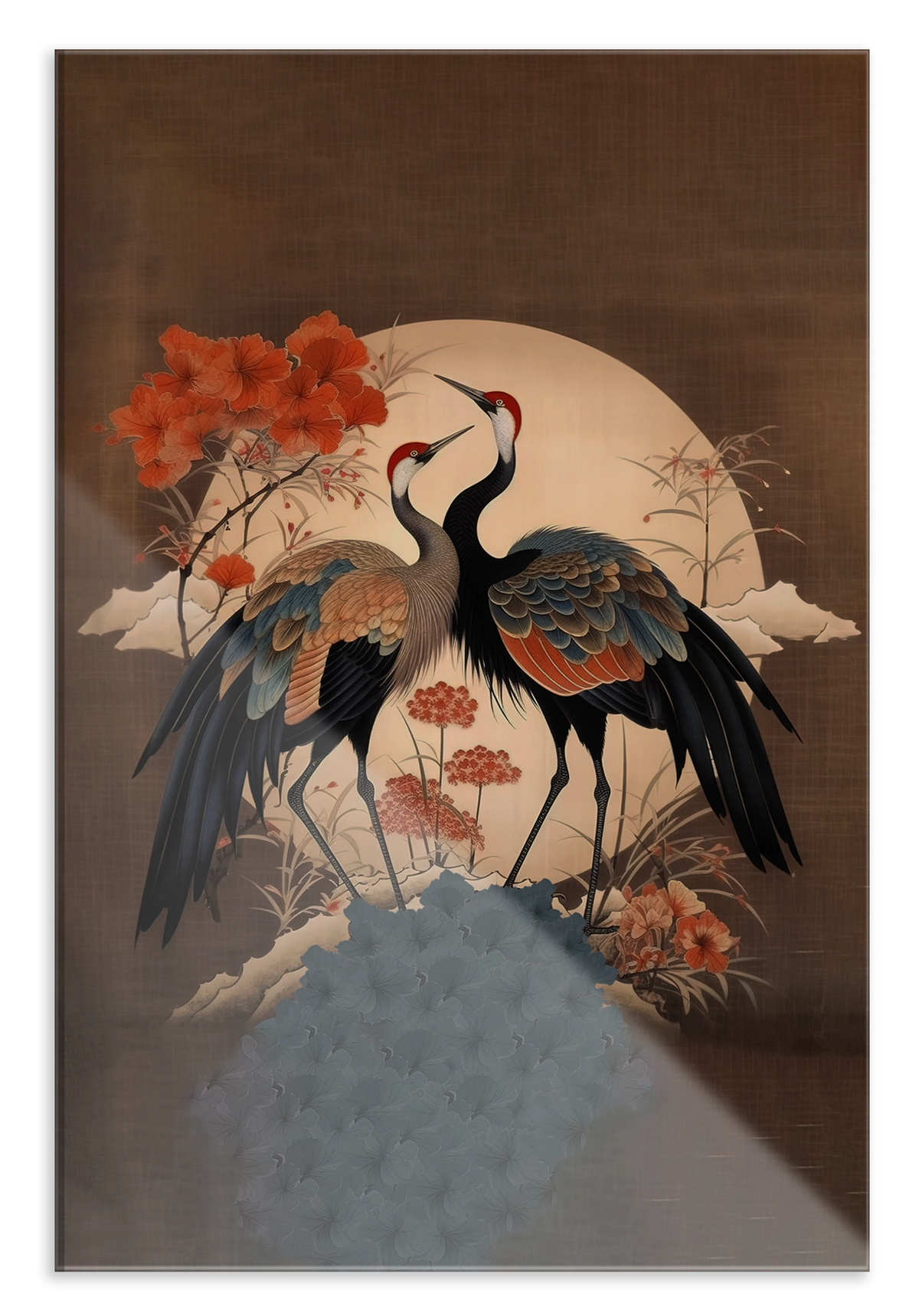 Plexiglas schilderij Japanse kraanvogels 2: twee kraanvogels met bloemen voor een lichte ronde maan.
