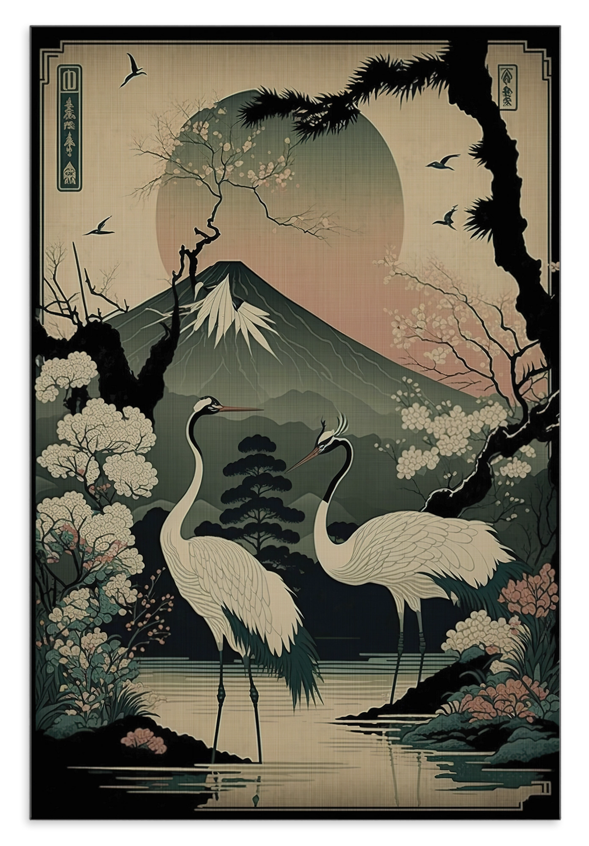 Aluminium Dibond schilderij Japanse kraanvogels 4: twee kraanvogels bij het water met een berg op de achtergrond.