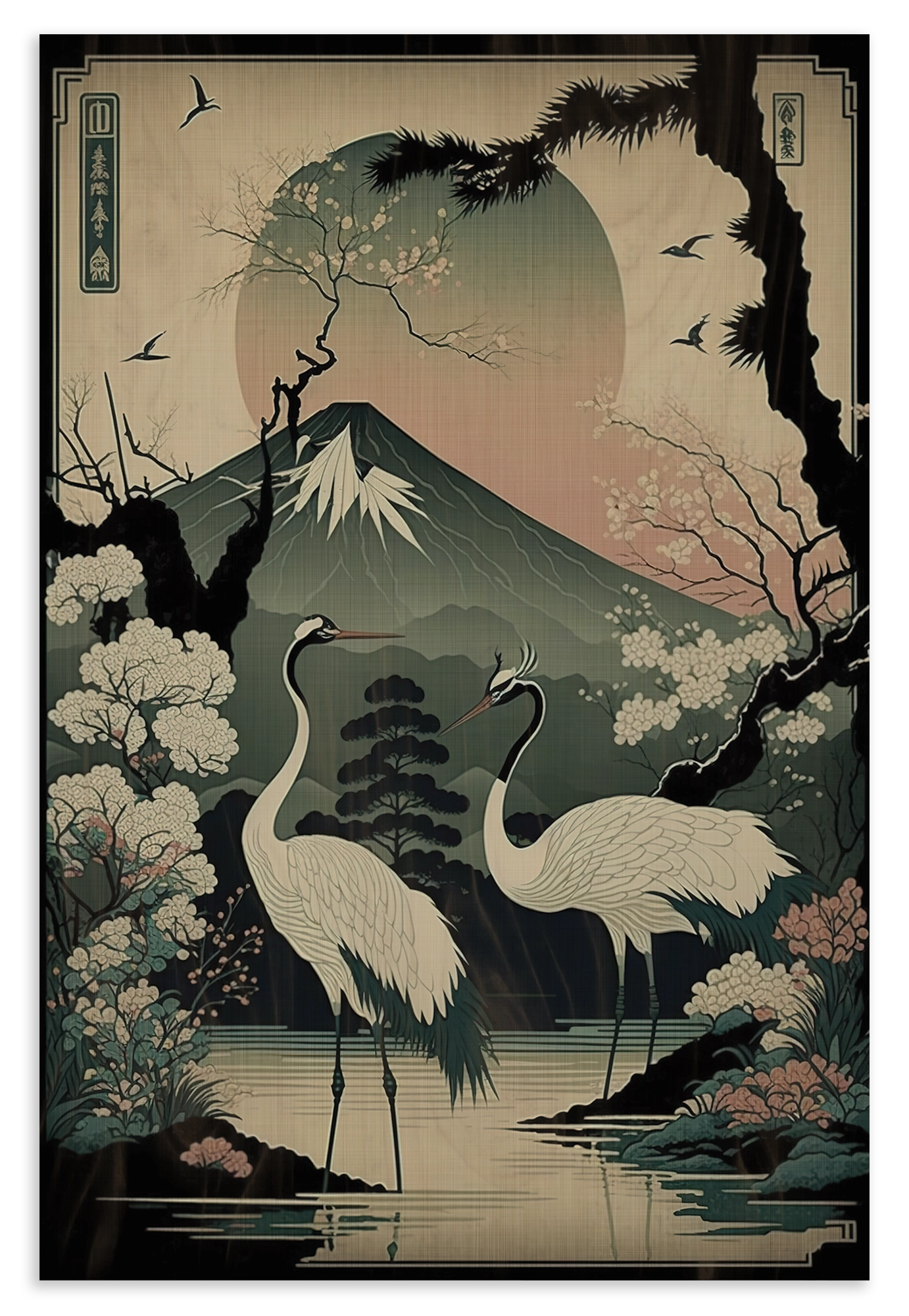 Houten wanddecoratie Japanse kraanvogels 4: twee kraanvogels bij het water met een berg op de achtergrond.