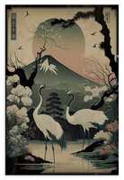 Houten wanddecoratie Japanse kraanvogels 4: twee kraanvogels bij het water met een berg op de achtergrond.