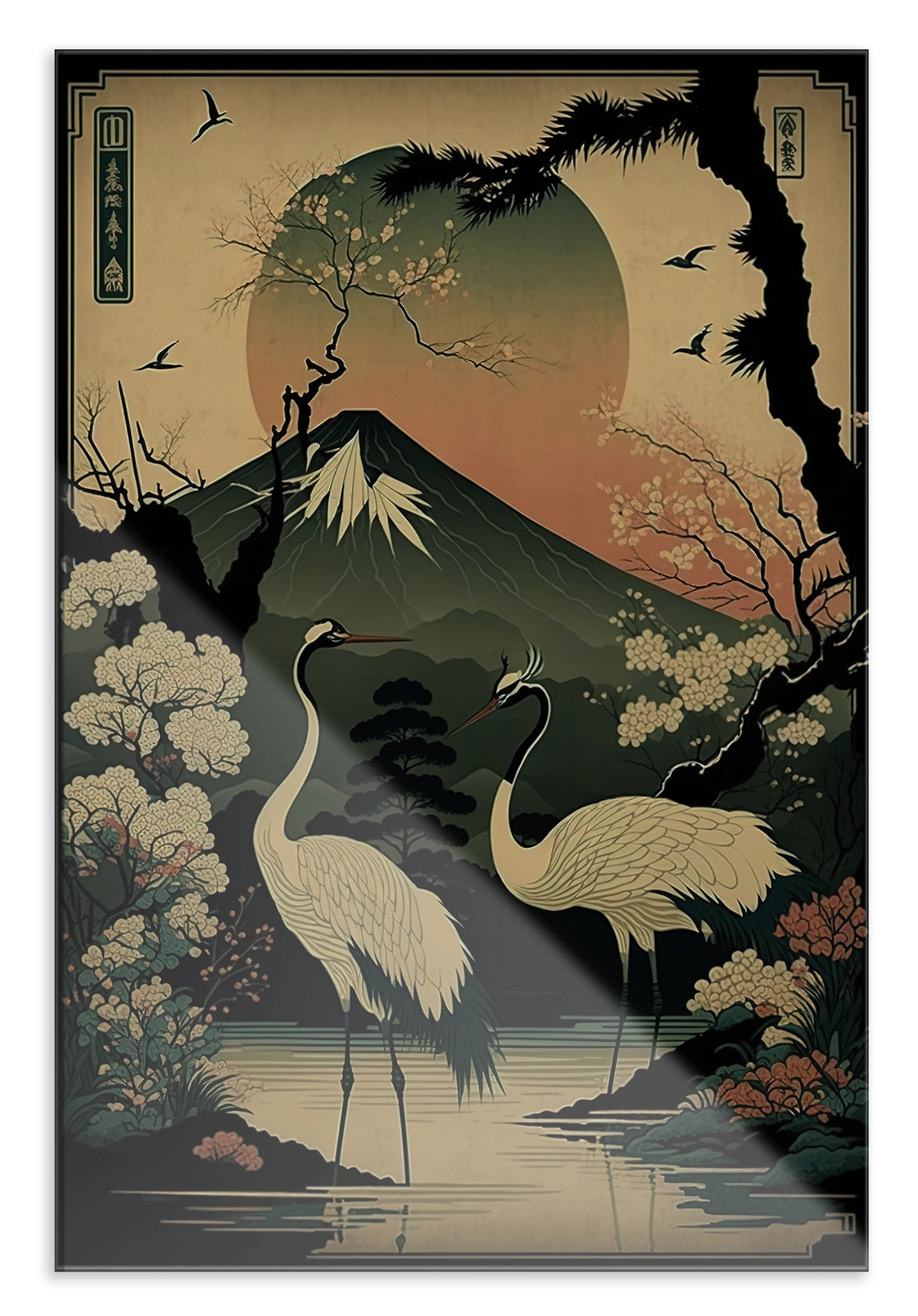 Plexiglas schilderij Japanse kraanvogels 4: twee kraanvogels bij het water met een berg op de achtergrond.