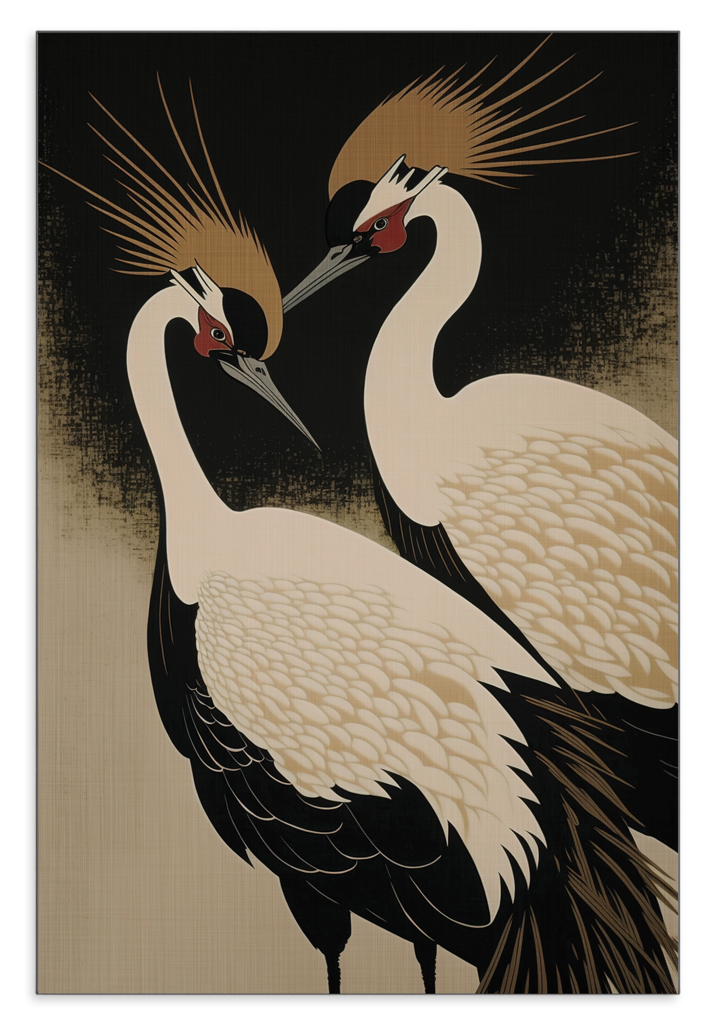 Aluminium Dibond schilderij Japanse kraanvogels: twee gestileerde kraanvogels tegen een zwarte achtergrond.